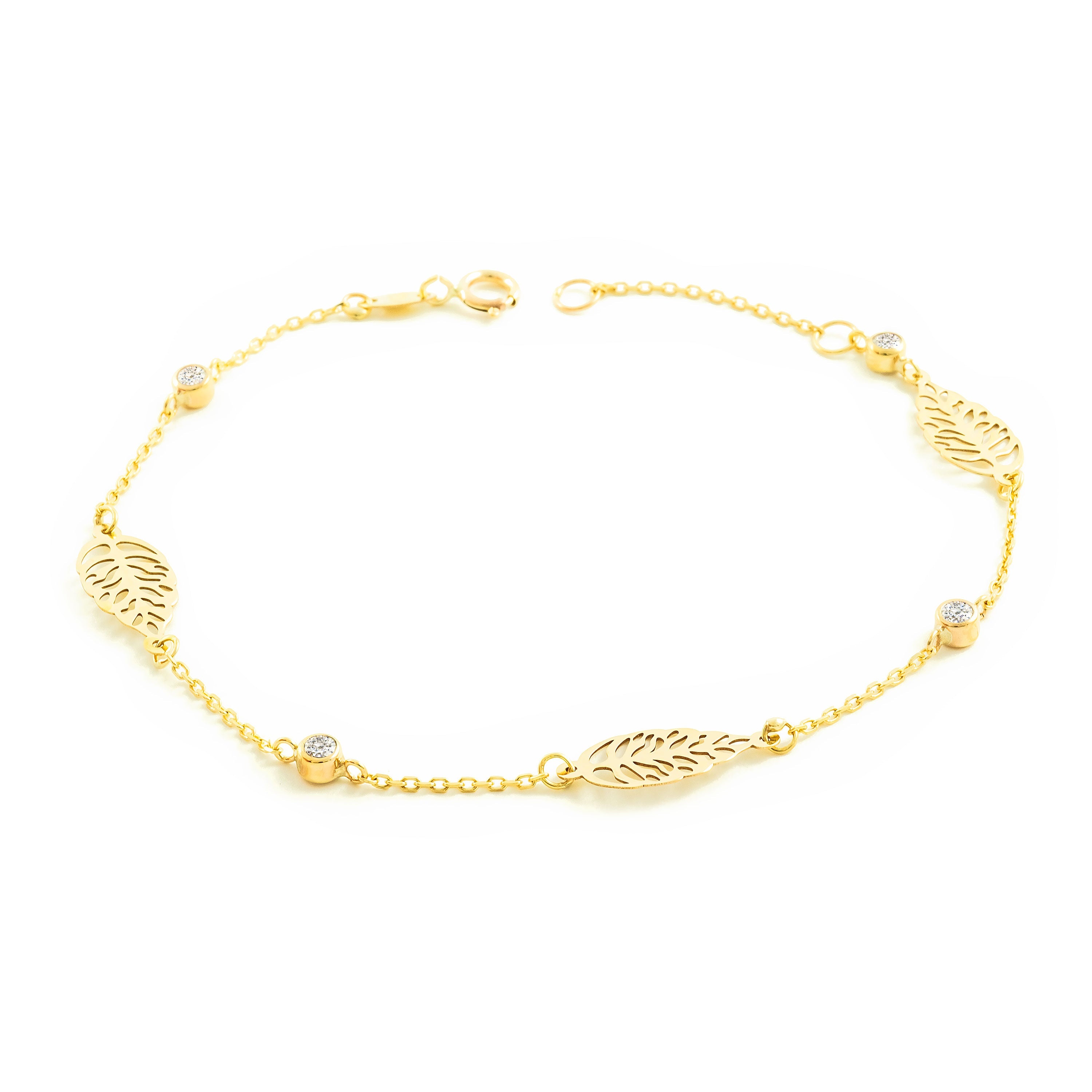 Pulsera Mujer-Niña Oro Amarillo 9K Hojas Circonitas Brillo 18 cm
