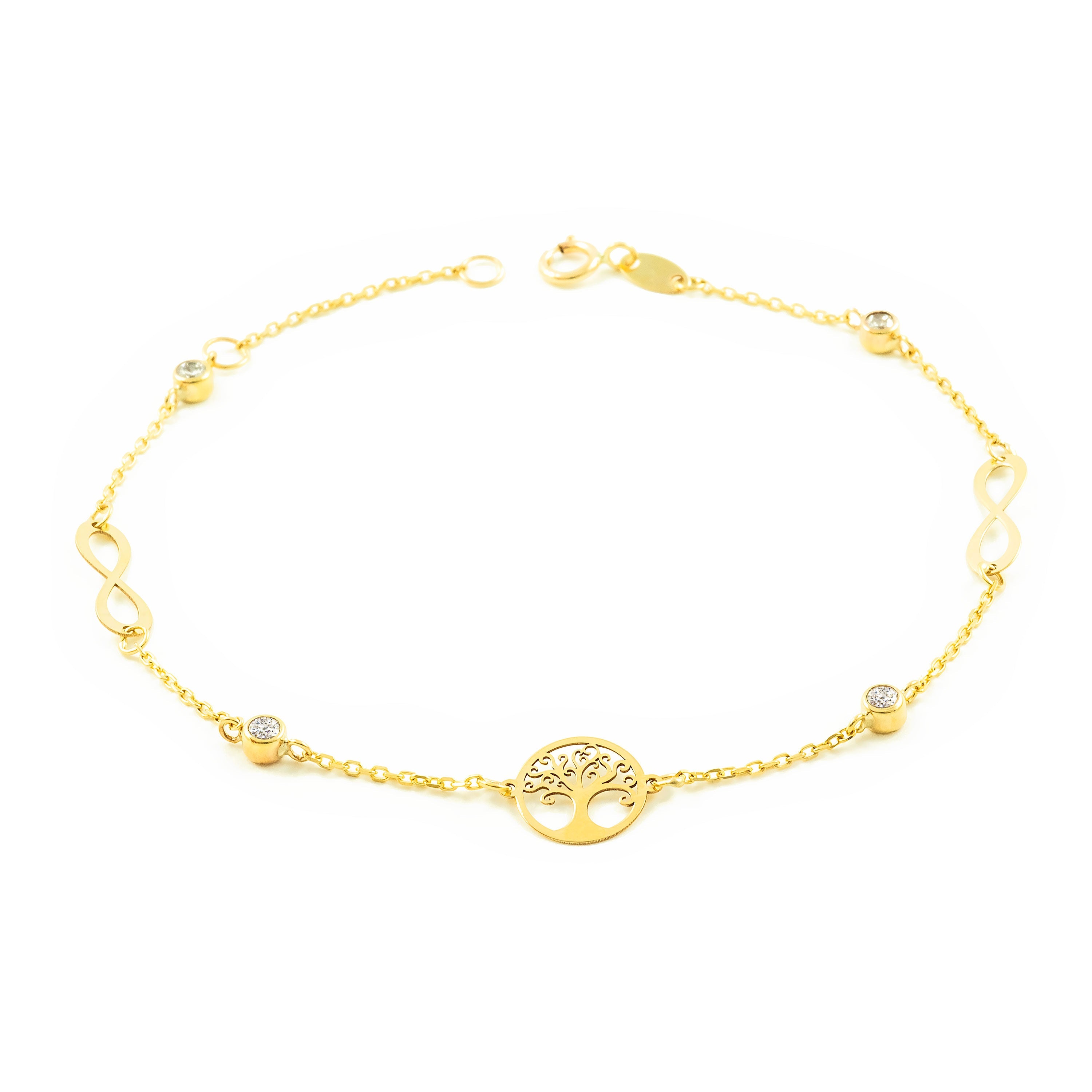 Pulsera Mujer-Niña Oro Amarillo 9K Arbol de la vida Circonita Brillo 18 cm