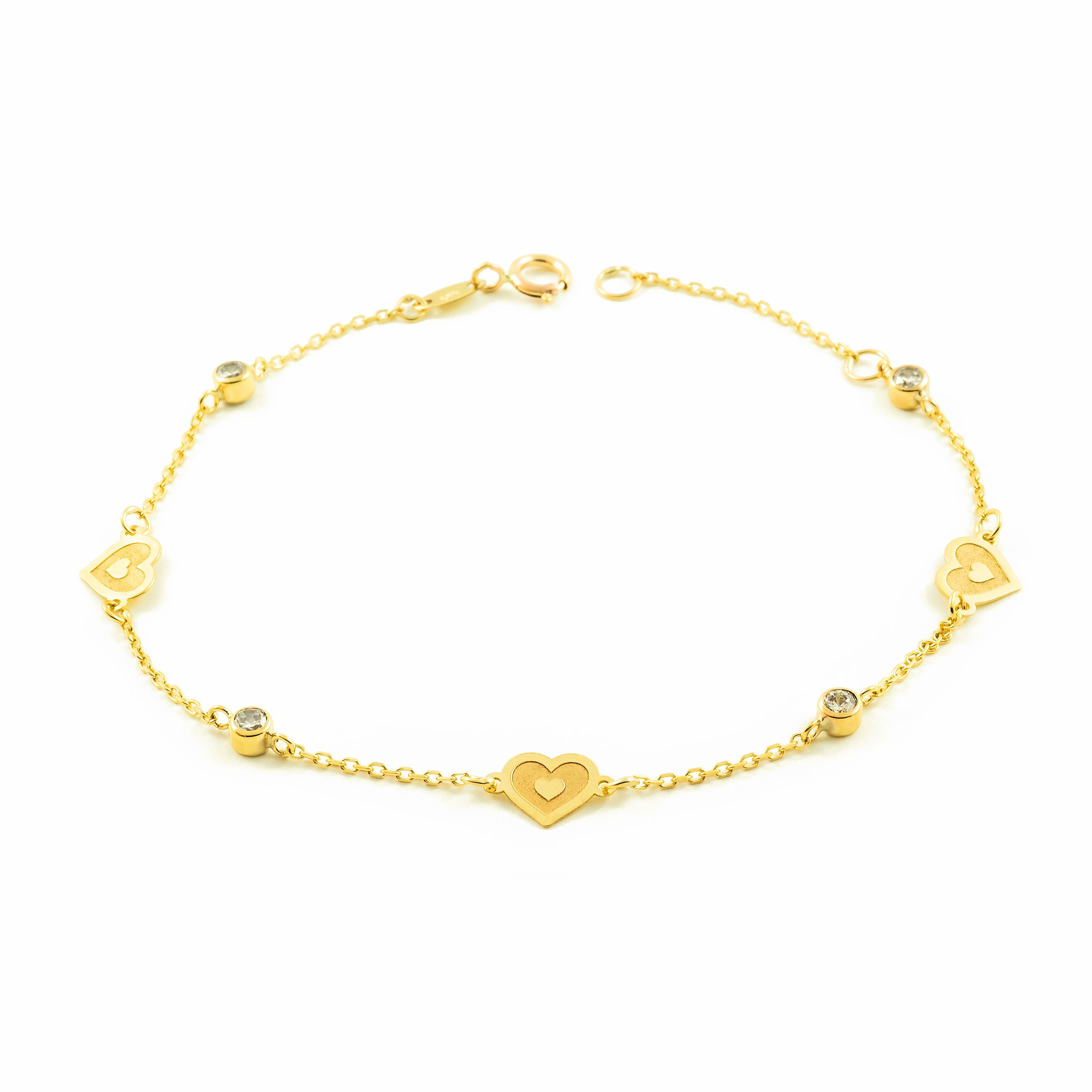 Pulsera Mujer-Niña Oro Amarillo 9K Corazones Circonitas Mate y Brillo 18 cm