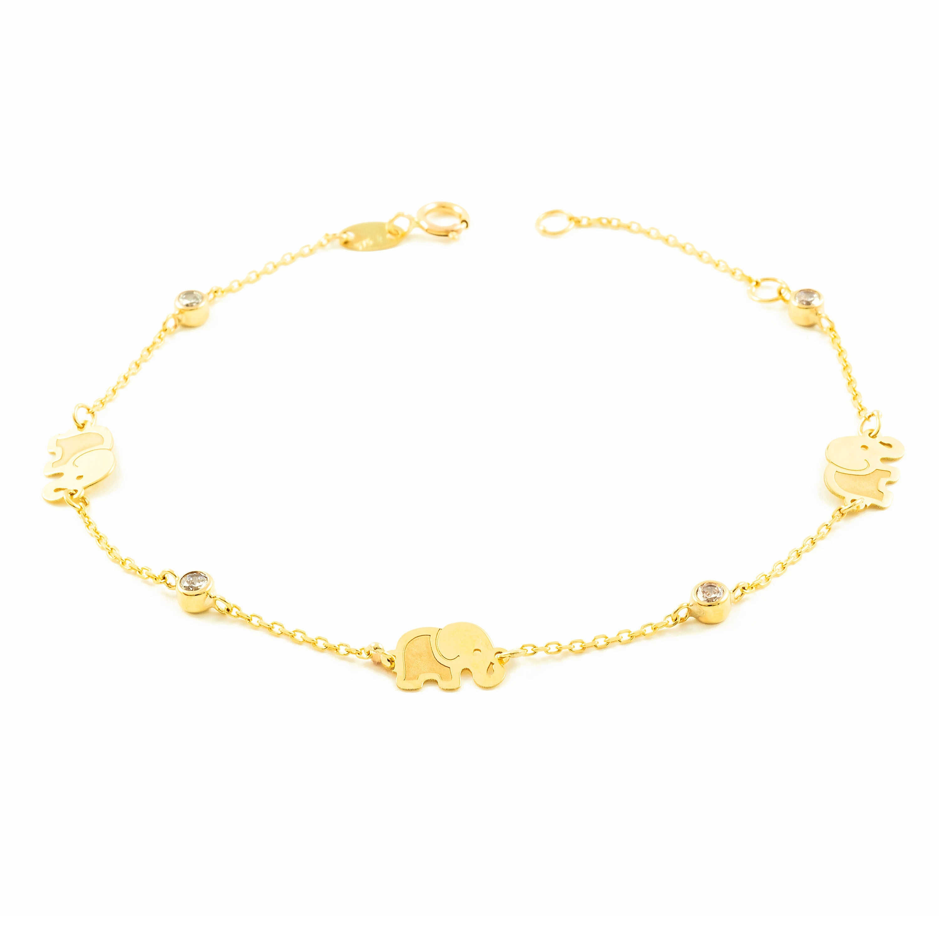 Pulsera Mujer-Niña Oro Amarillo 9K Elefantes Circonitas Mate y Brillo 18 cm