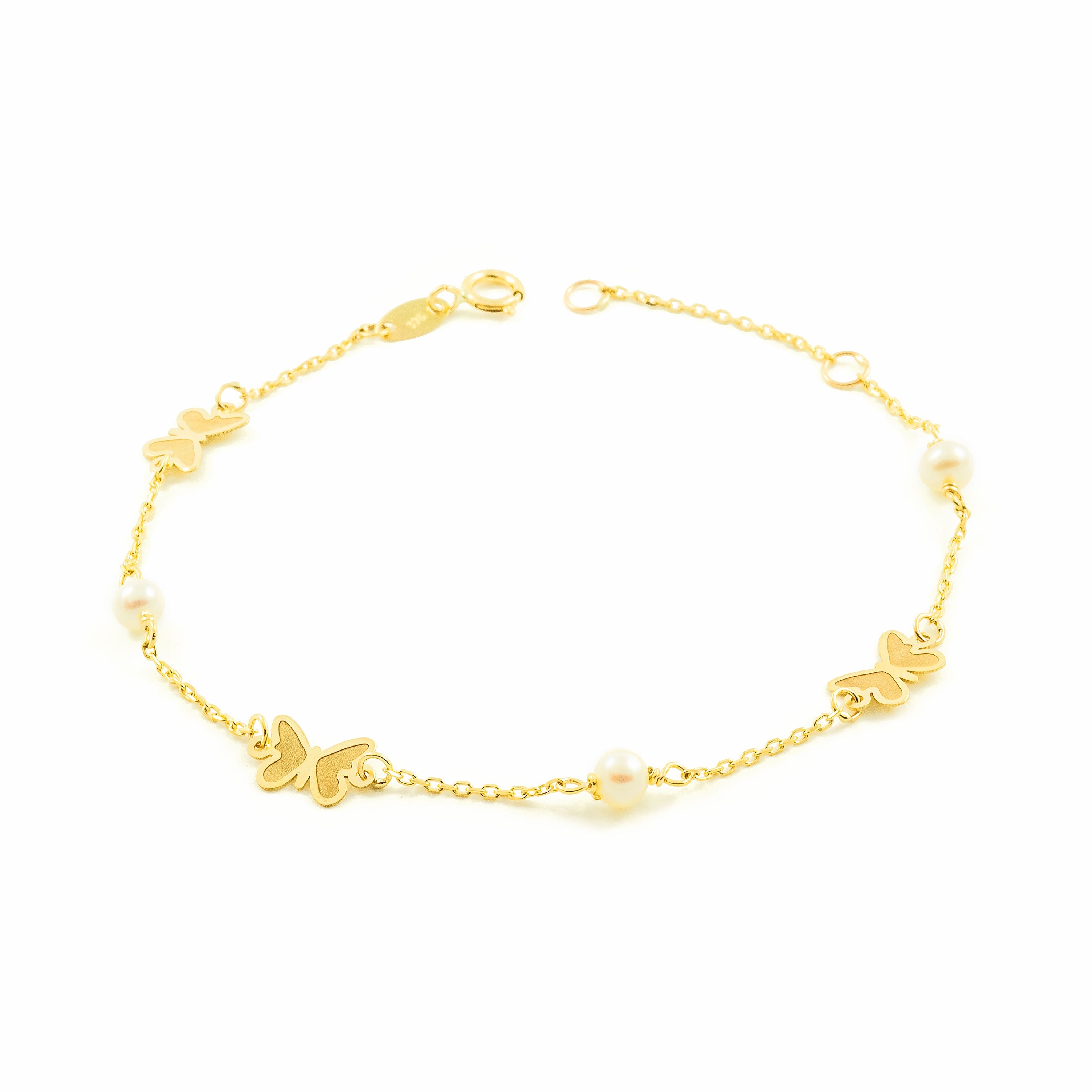 Pulsera Mujer-Niña Oro Amarillo 9K Perla Redonda 3,5 mm Mariposas Mate y Brillo 18 cm