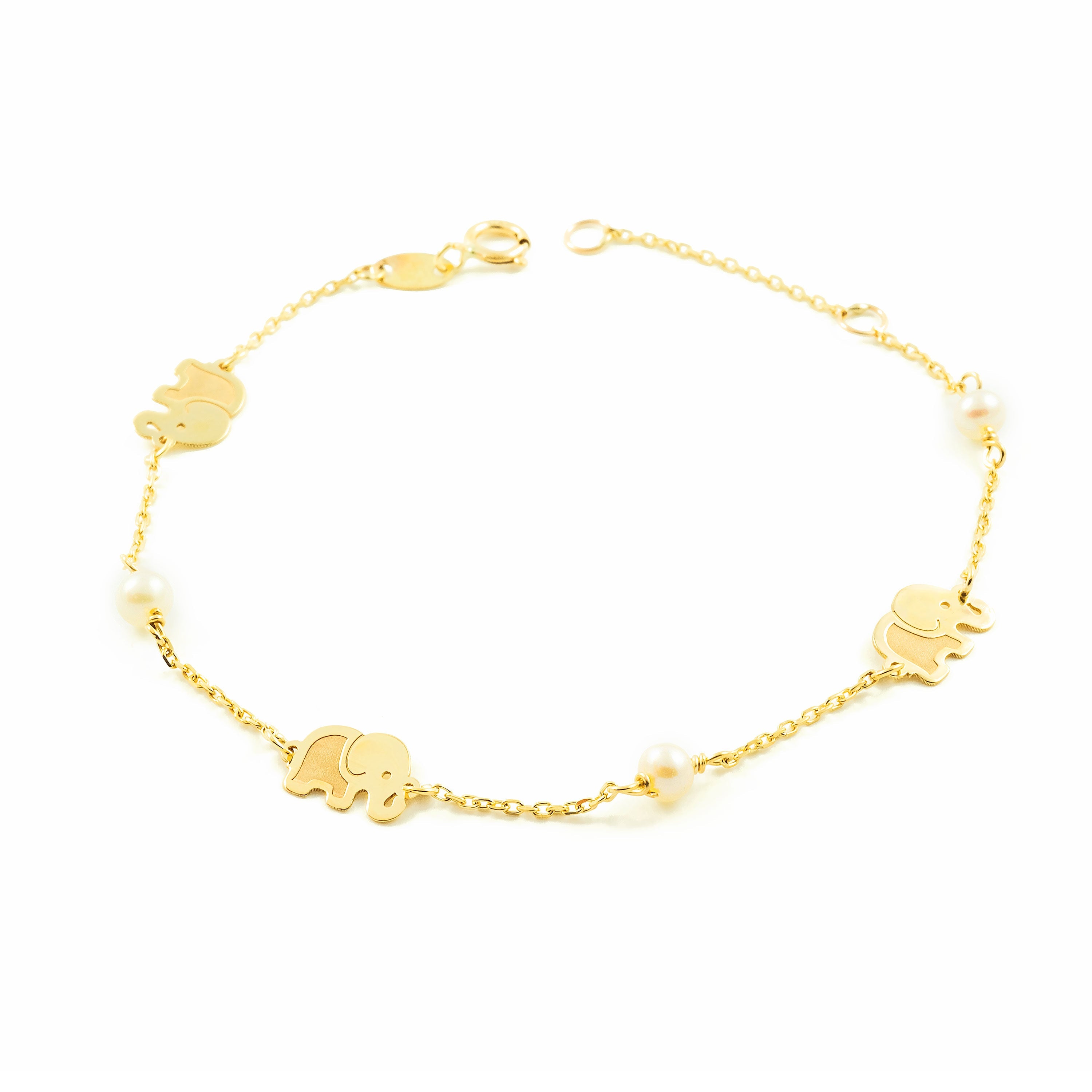 Pulsera Mujer-Niña Oro Amarillo 9K Perla Redonda 3,5 mm Elefantes Mate y Brillo 18 cm