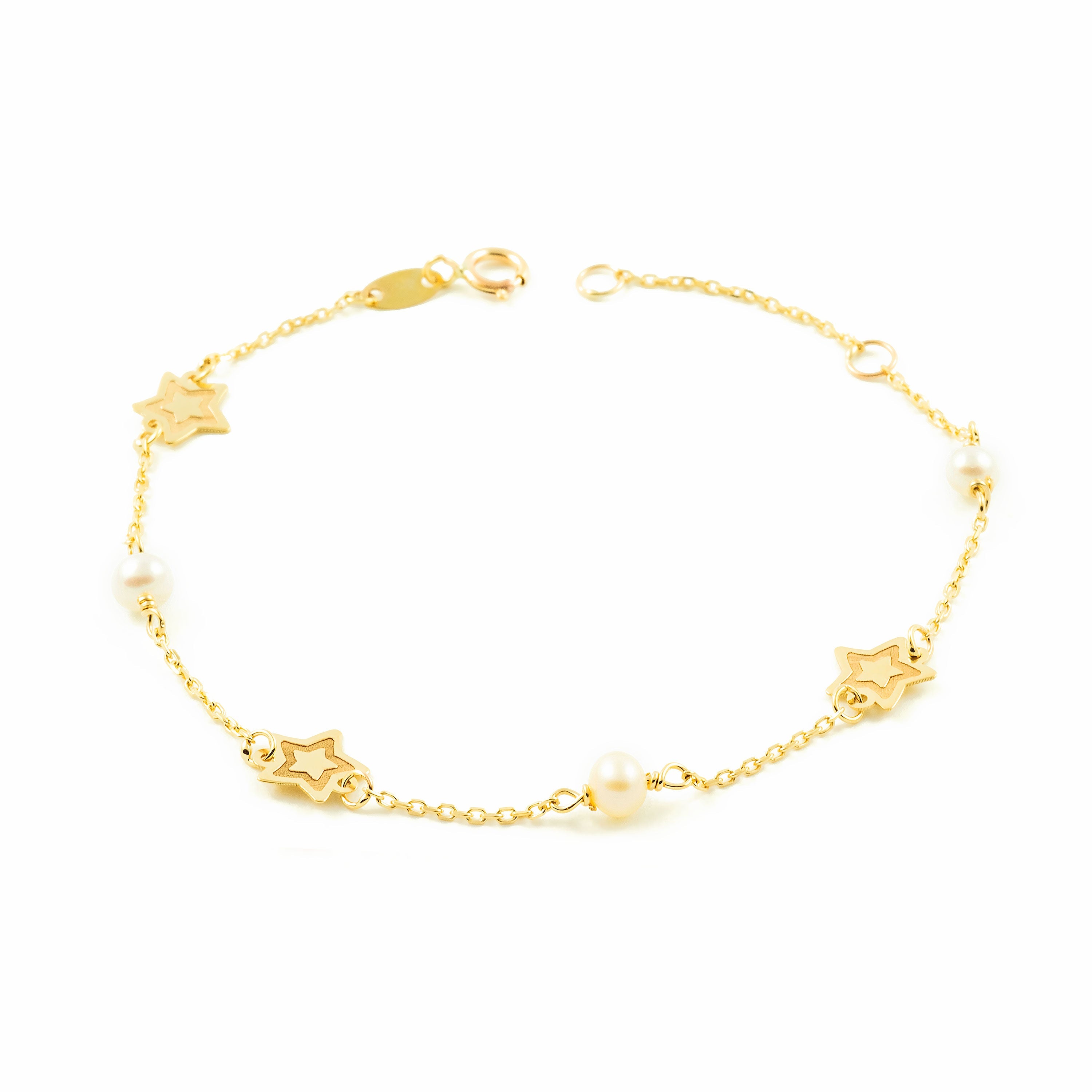 Pulsera Mujer-Niña Oro Amarillo 9K Perla Redonda 3,5 mm Estrellas Mate y Brillo 18 cm