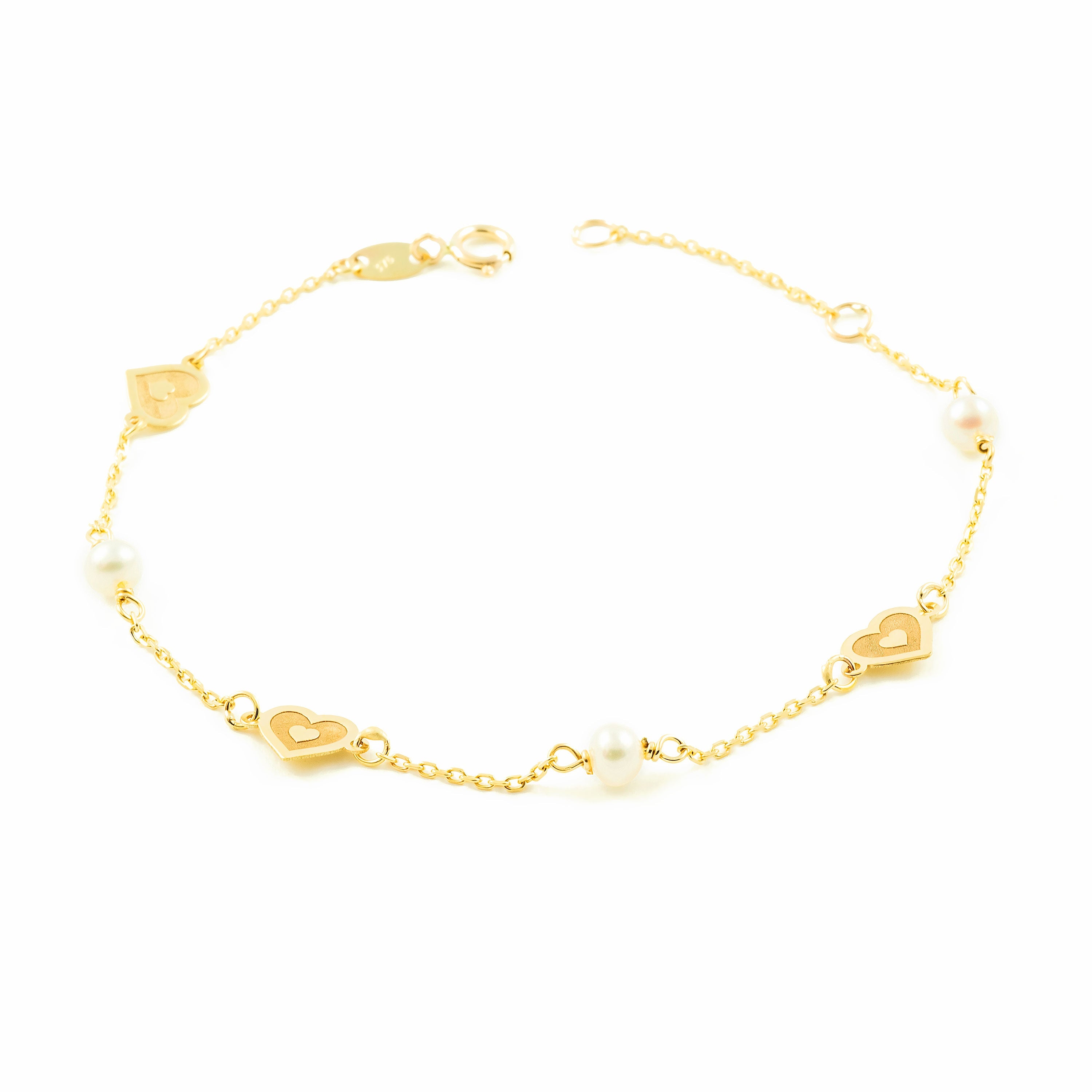 Pulsera Mujer-Niña Oro Amarillo 9K Perla Redonda 3,5 mm Corazones Mate y Brillo 18 cm
