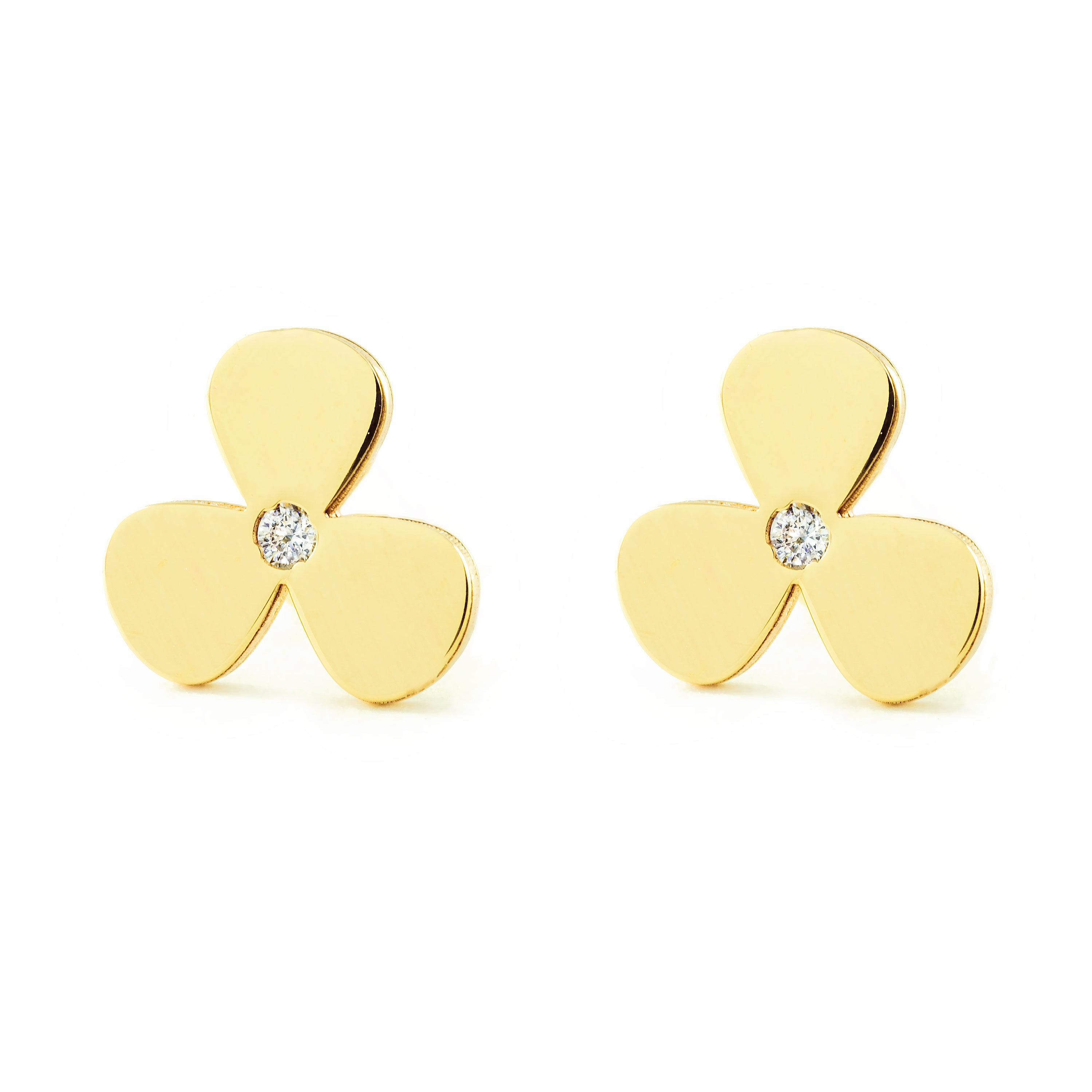 Pendientes Mujer-Niña Oro Amarillo 9K Trebol Circonita Brillo