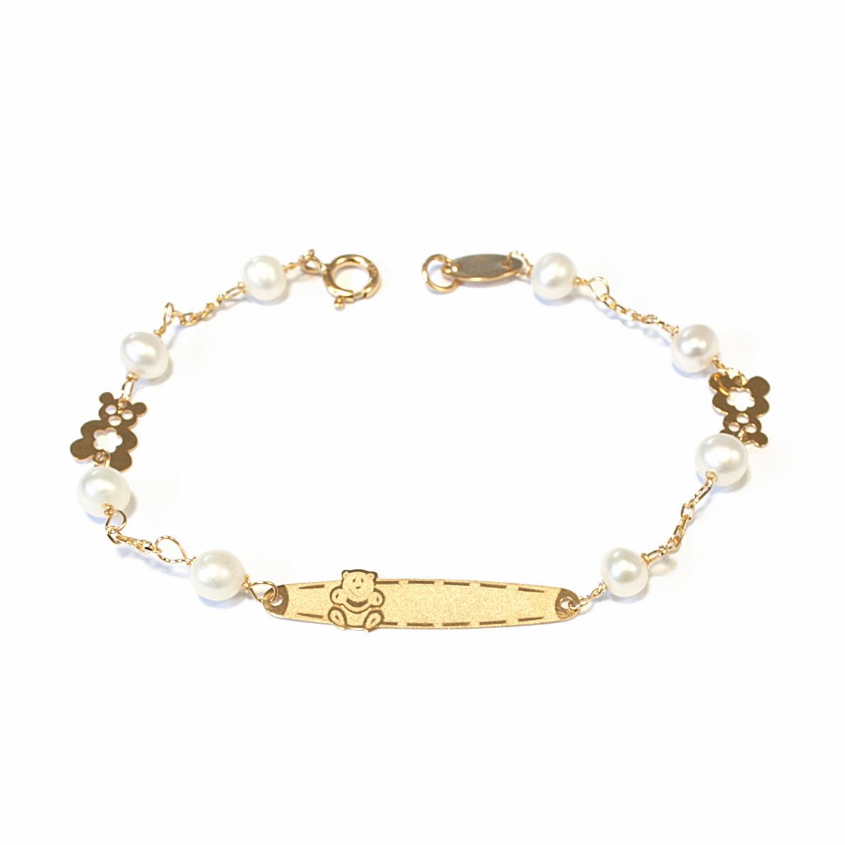 Pulsera Niña Oro Amarillo 18K Personalizada Esclava Oso Redonda 4 mm Mate y Brillo 14 cm