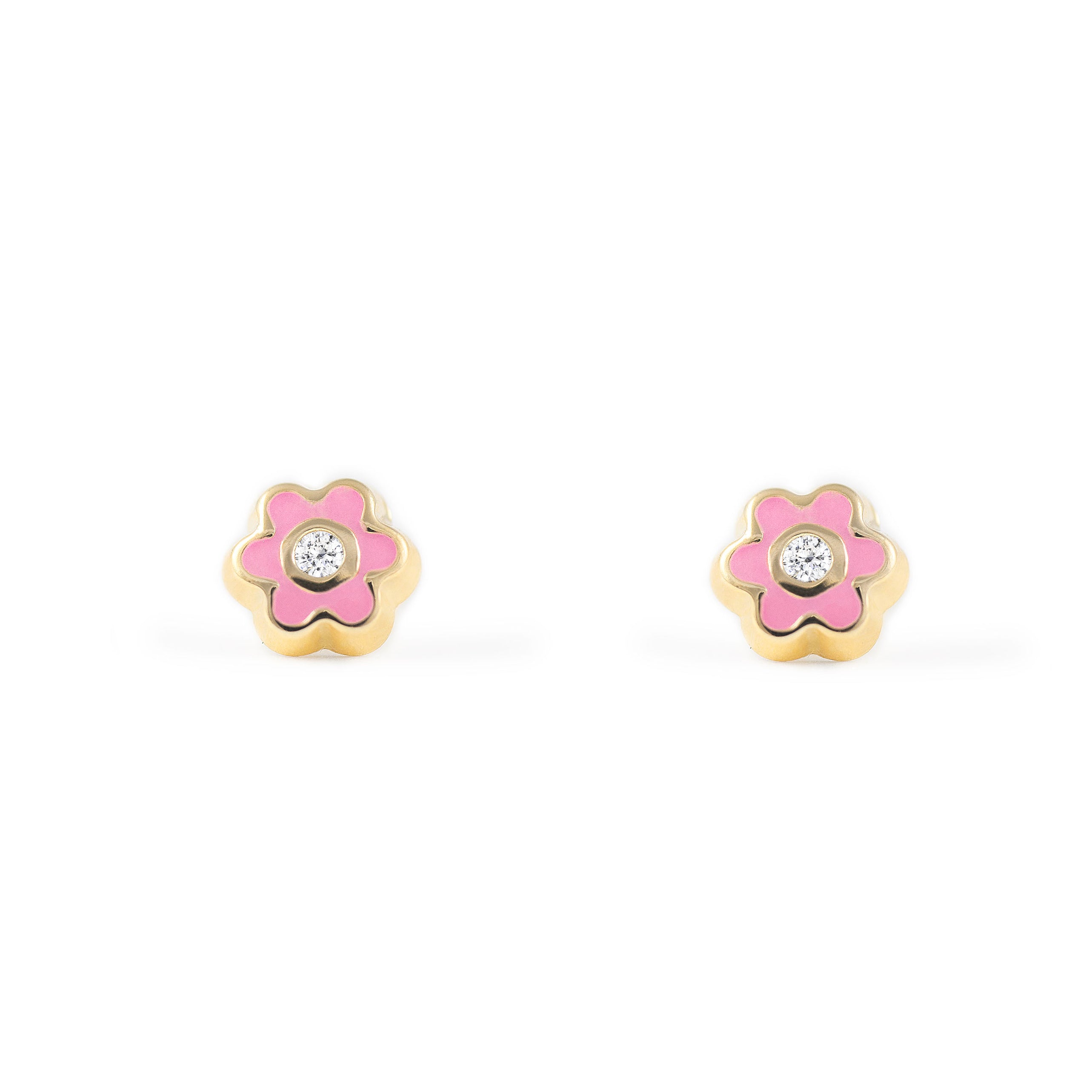 Pendientes Bebe-Niña Oro Amarillo 9K Flor Margarita Esmalte Rosa Claro Circonita Brillo