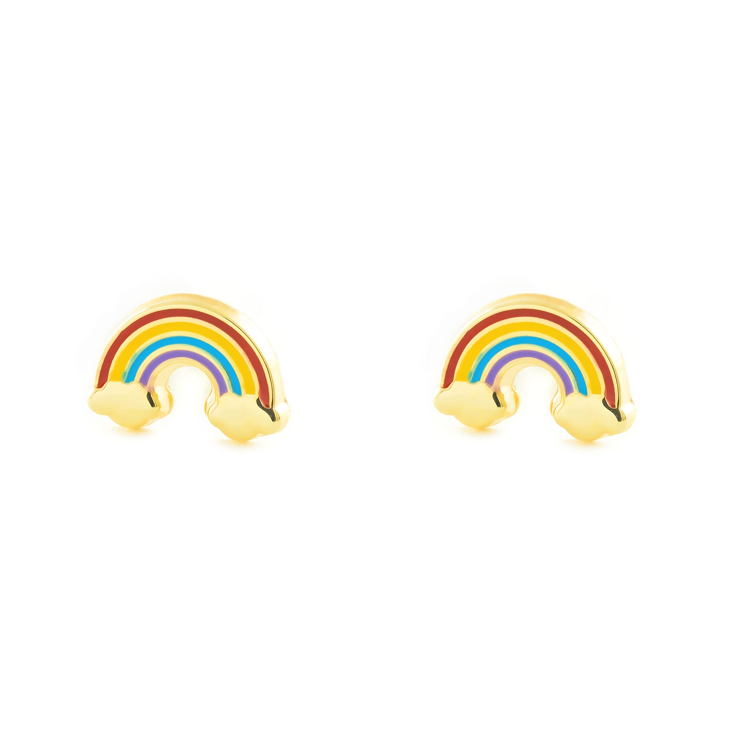 Girl's Earrings 18K Yellow Gold Rainbow Multicolor Shiny Enamel