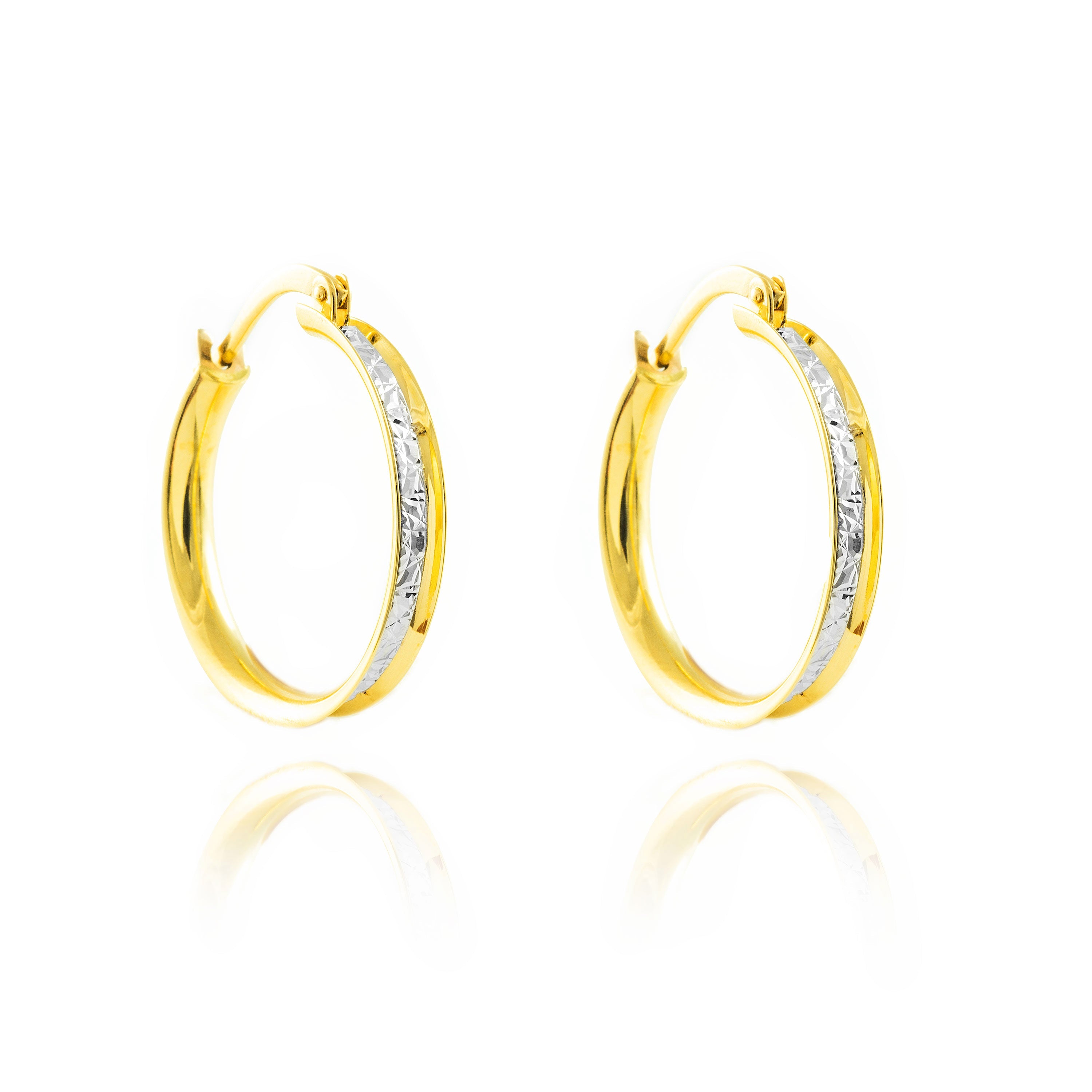 Pendientes Oro Bicolor 18K Aros Brillo y Textura 19 x 3 mm