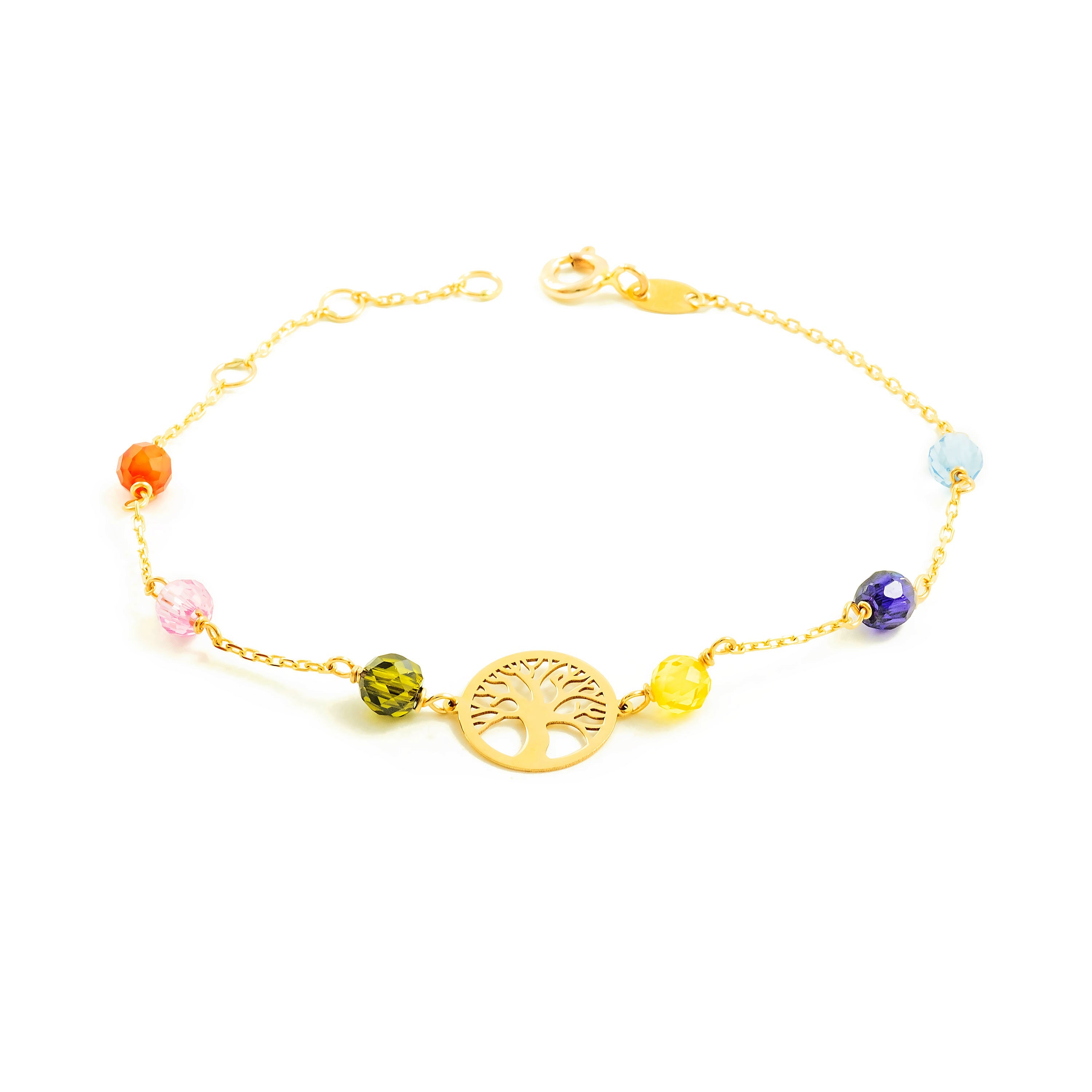 Pulsera Mujer-Niña Oro Amarillo 9K Arbol de la vida Multicolor Brillo 16 cm