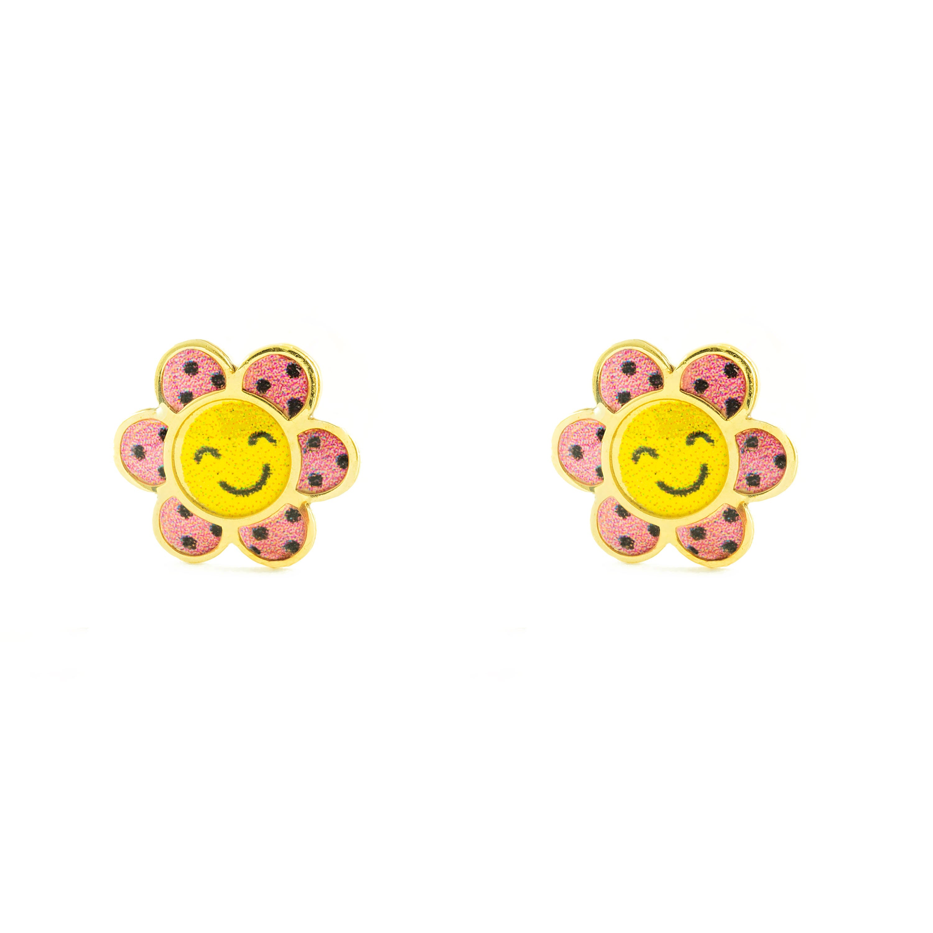 Pendientes Niña Oro Amarillo 9K Flor Esmalte Multicolor Brillo