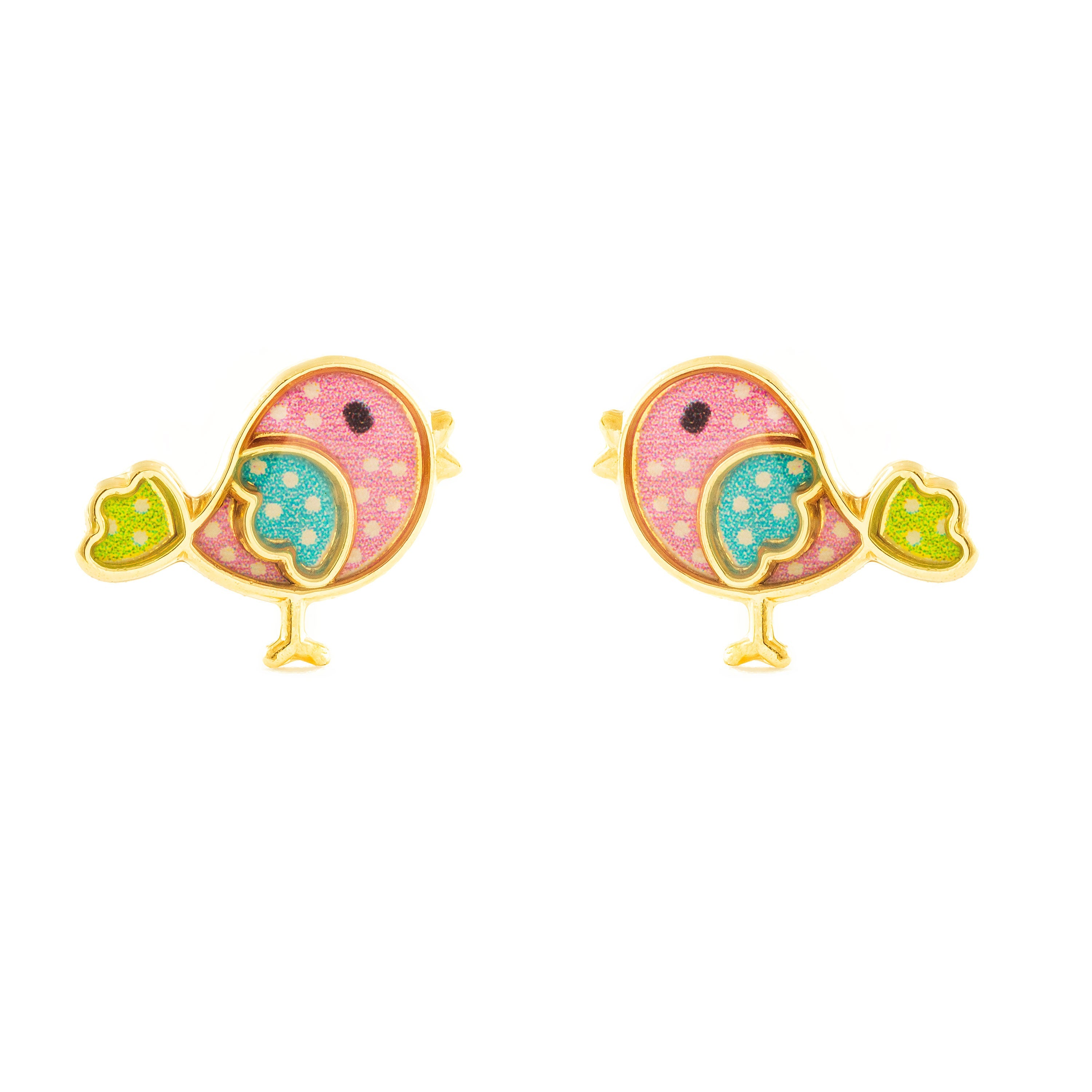 Pendientes Niña Oro Amarillo 9K Pajaro Esmalte Multicolor Brillo