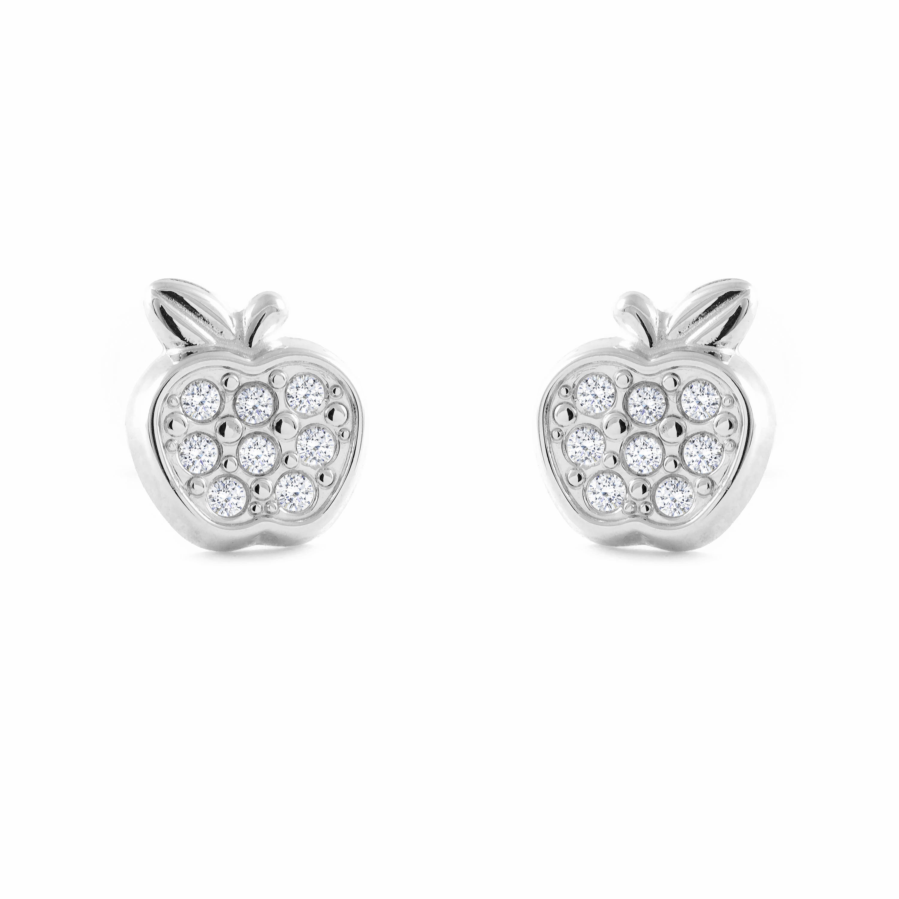 Pendientes Niña Oro Blanco 9K Manzana Circonitas Brillo