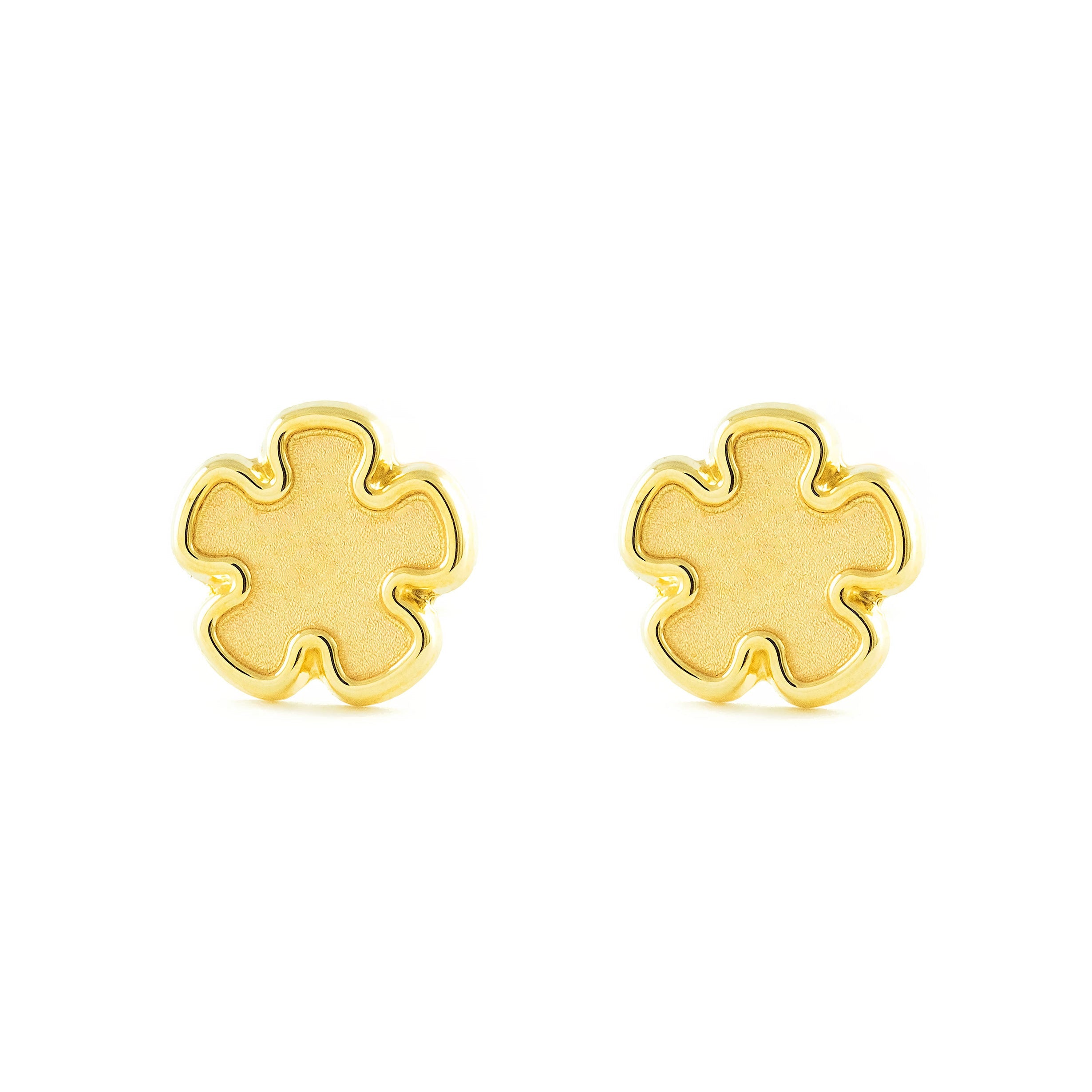 Pendientes Niña Oro Amarillo 9K Flor Mate y Brillo