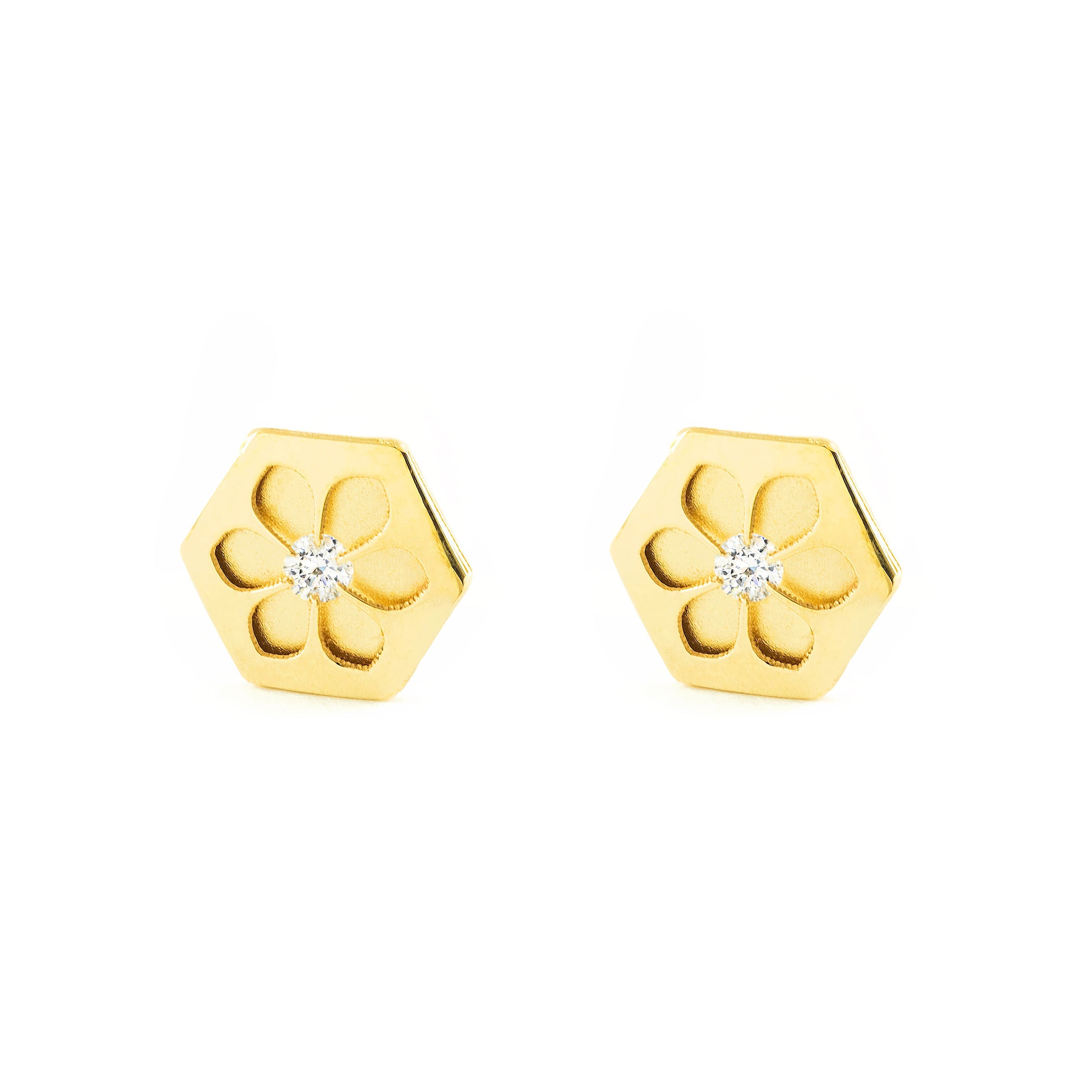 Pendientes Niña Oro Amarillo 9K Hexagono Circonita Mate y Brillo