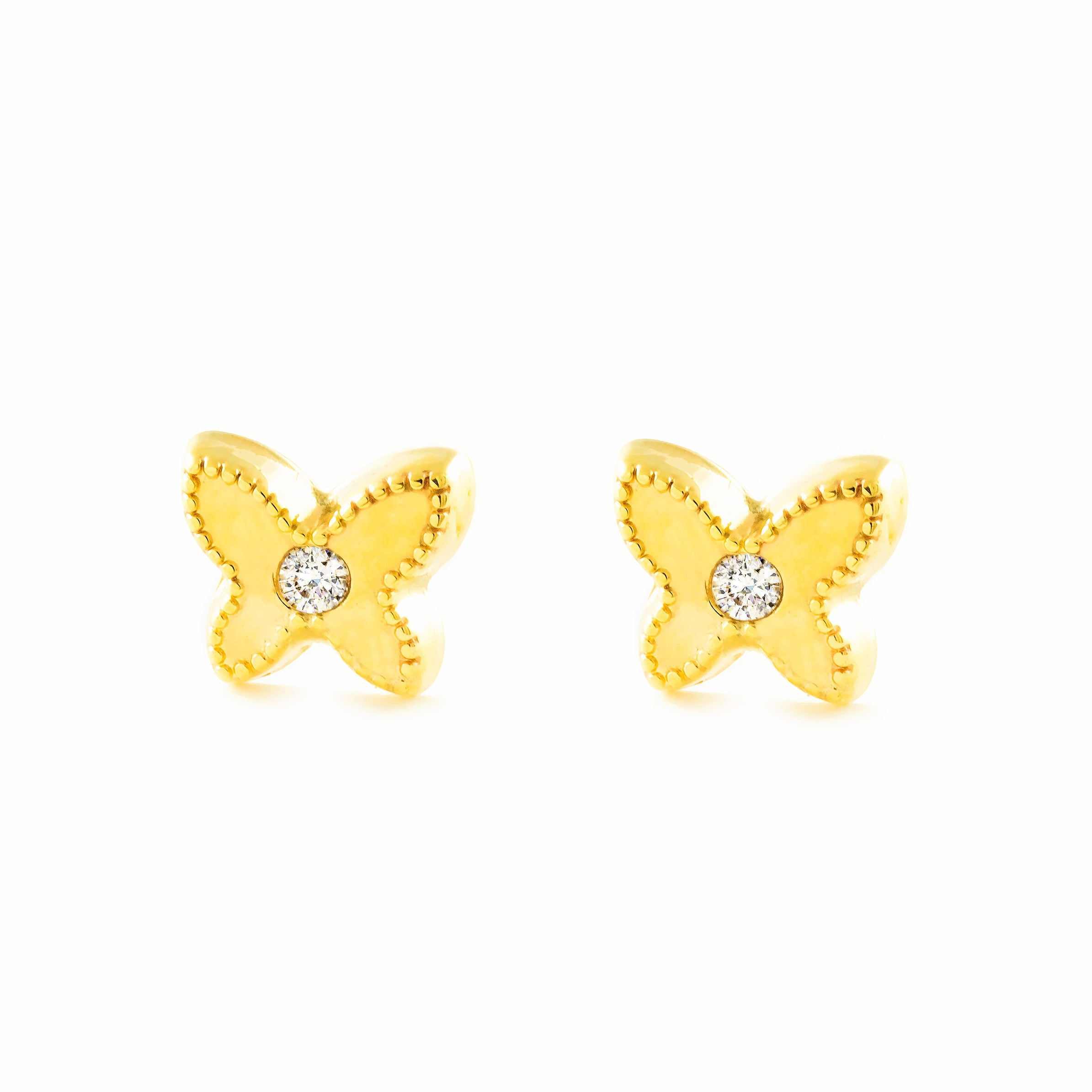 Pendientes Bebe-Niña Oro Amarillo 9K Mariposa Circonita Brillo y Textura