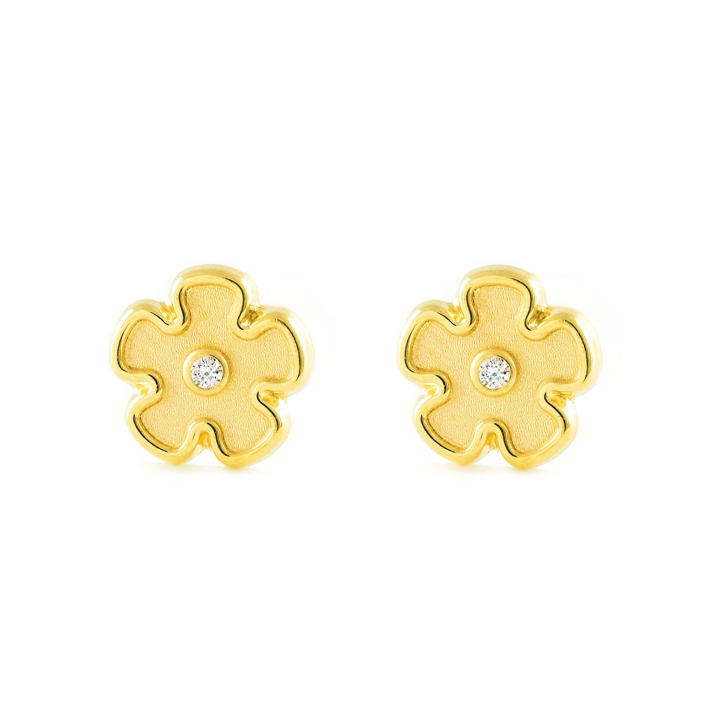 Pendientes Niña Oro Amarillo 9K Flor Margarita Diamante Mate y Brillo