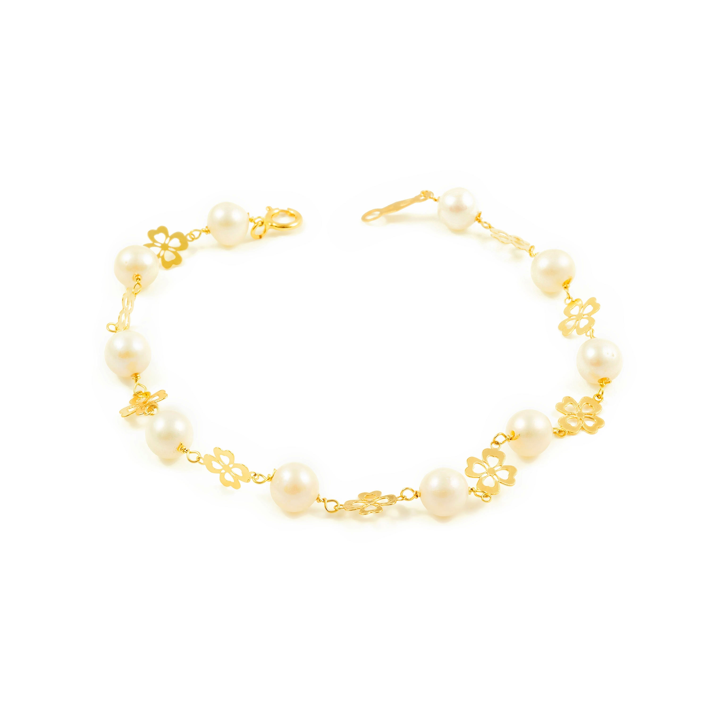 Pulsera Niña Oro Amarillo 18K Perla Redonda 5,5 mm Trebol Brillo 18 cm