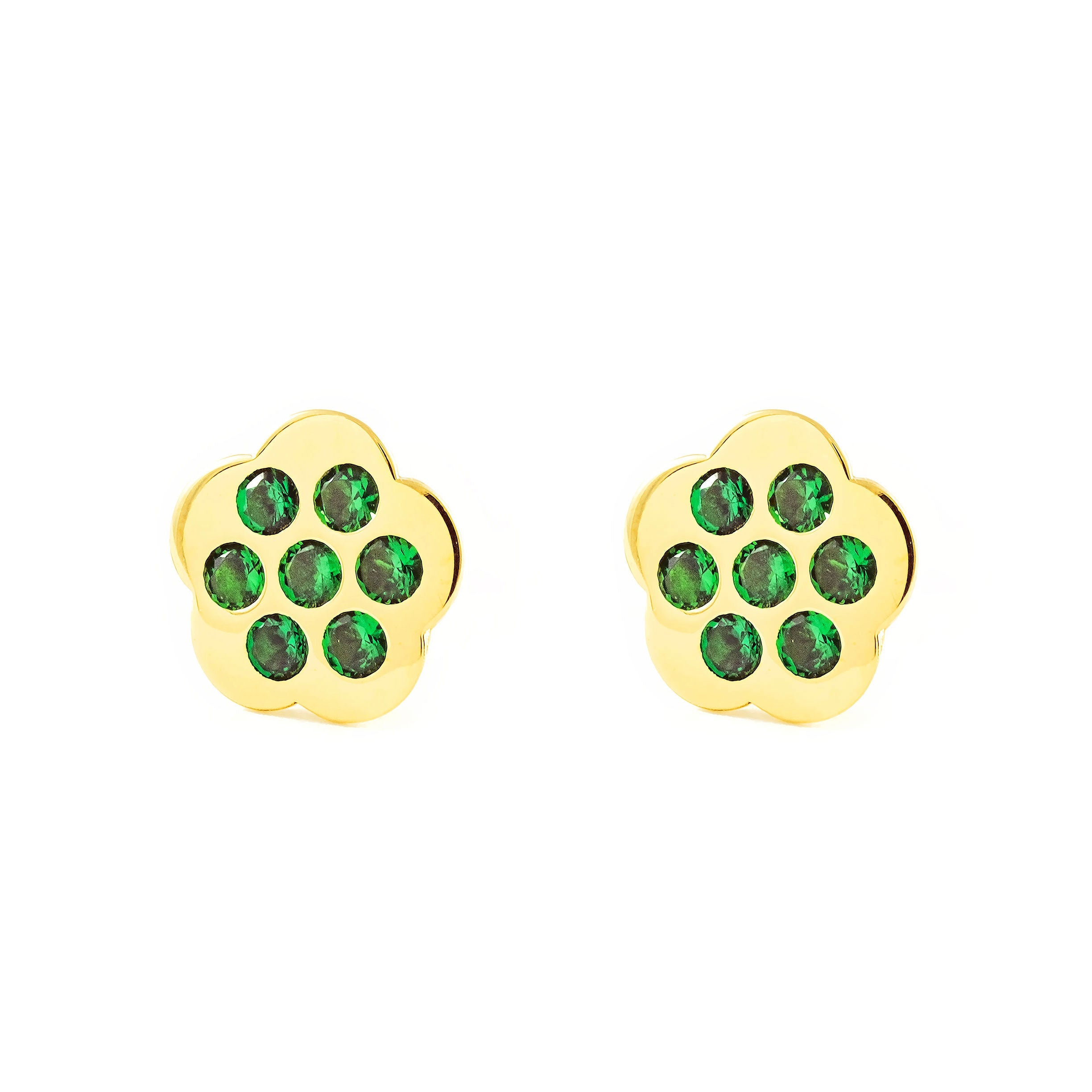 Pendientes Niña Oro Amarillo 9K Flor Esmeraldas preciosas sintéticas Brillo
