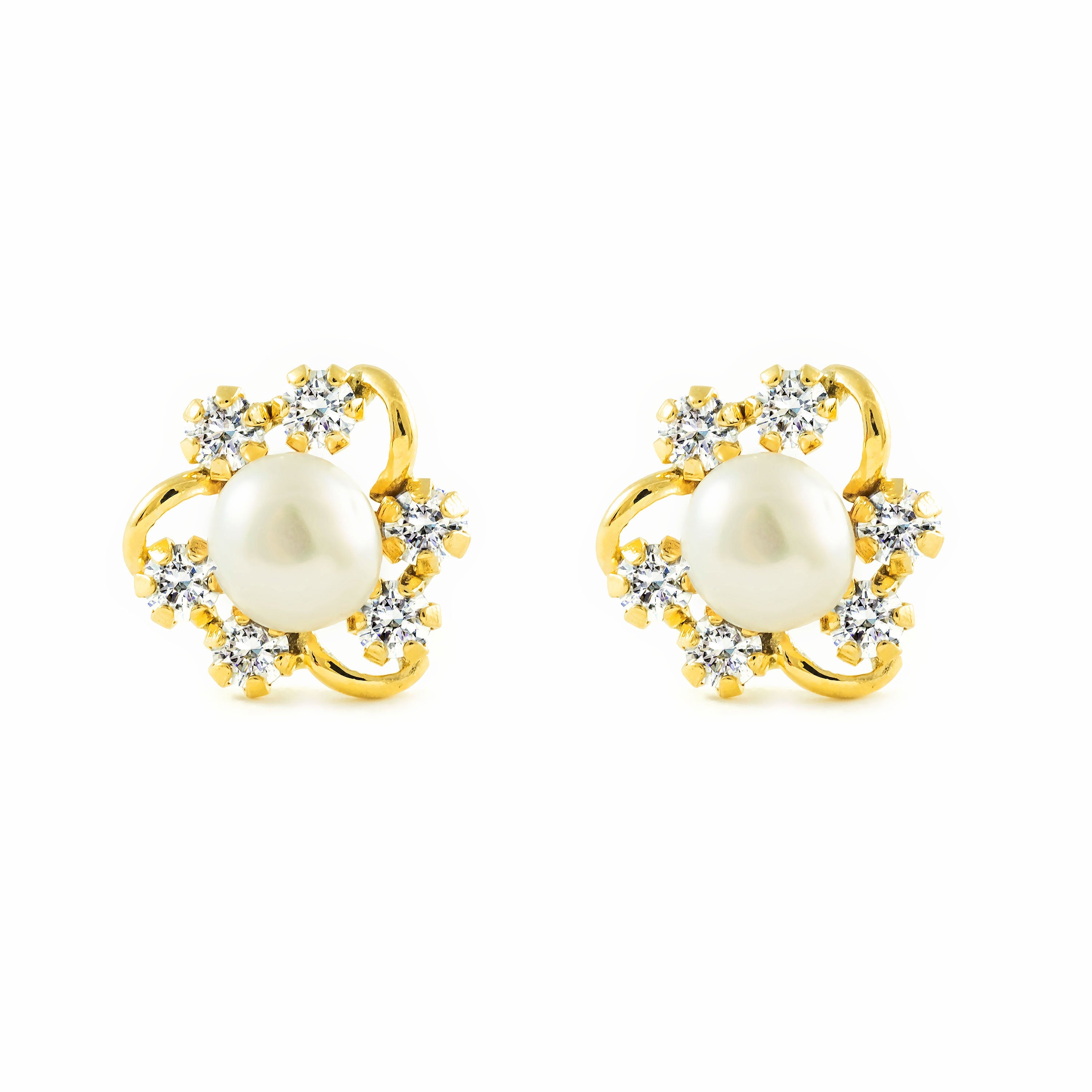 Pendientes Niña Oro Amarillo 9K Perla Botón 4,5 mm Circonitas Brillo