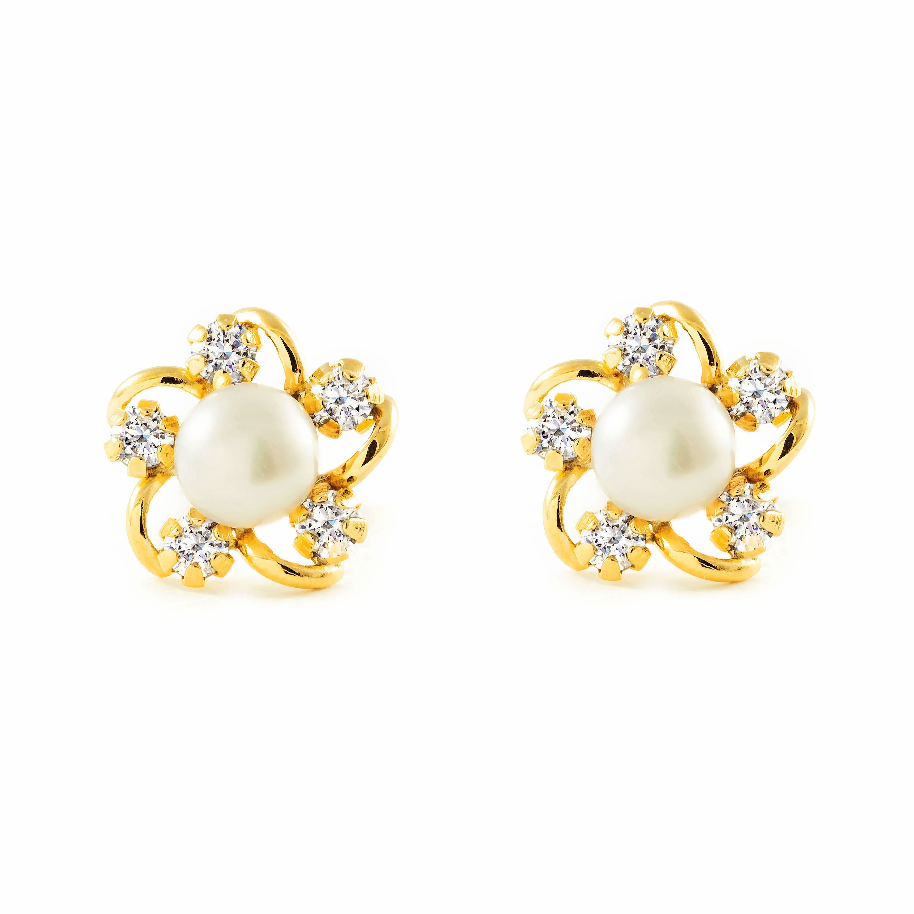 Pendientes Niña Oro Amarillo 9K Perla Botón 4,5 mm Circonitas Brillo
