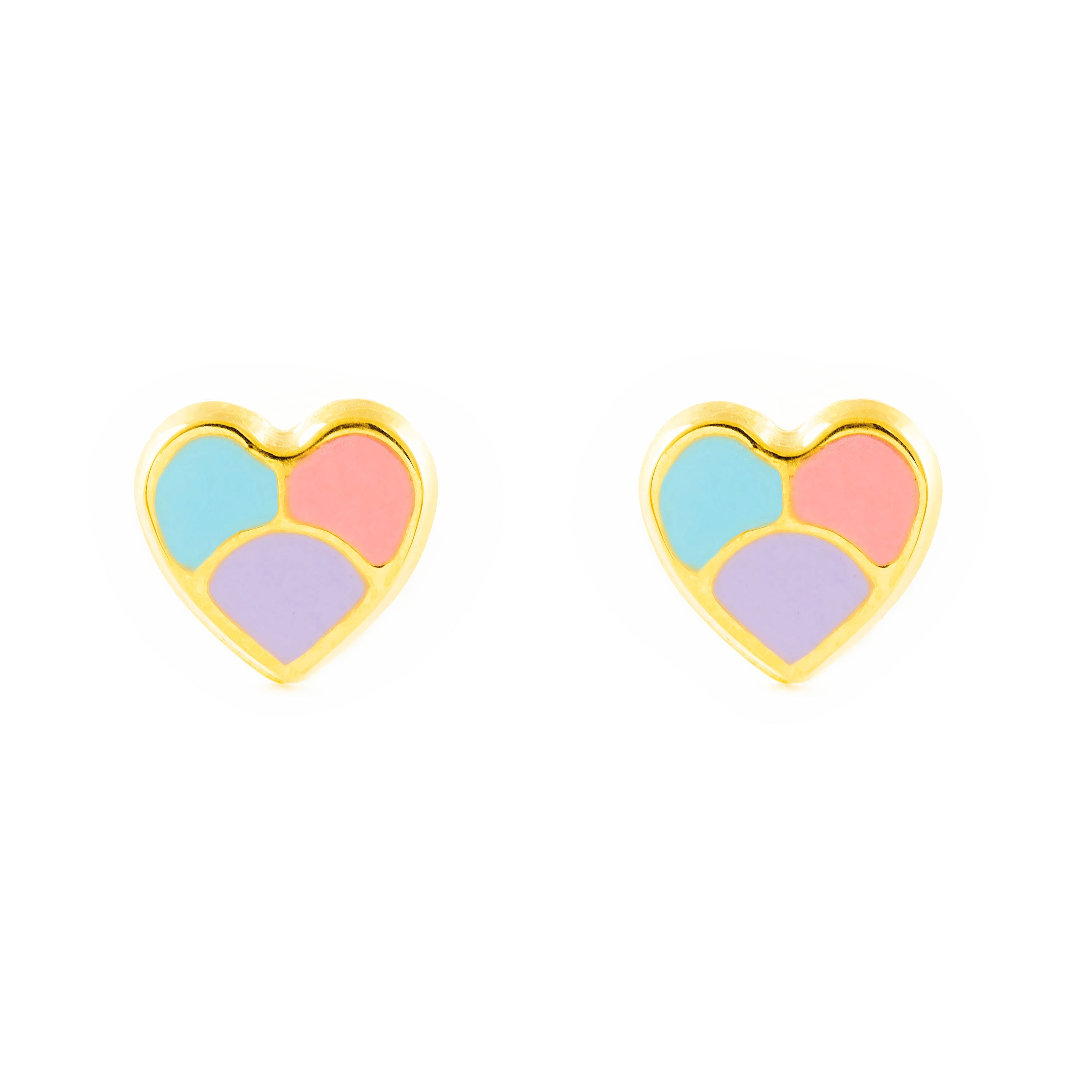 Pendientes Niña Oro Amarillo 18K Corazón Esmalte Multicolor Brillo