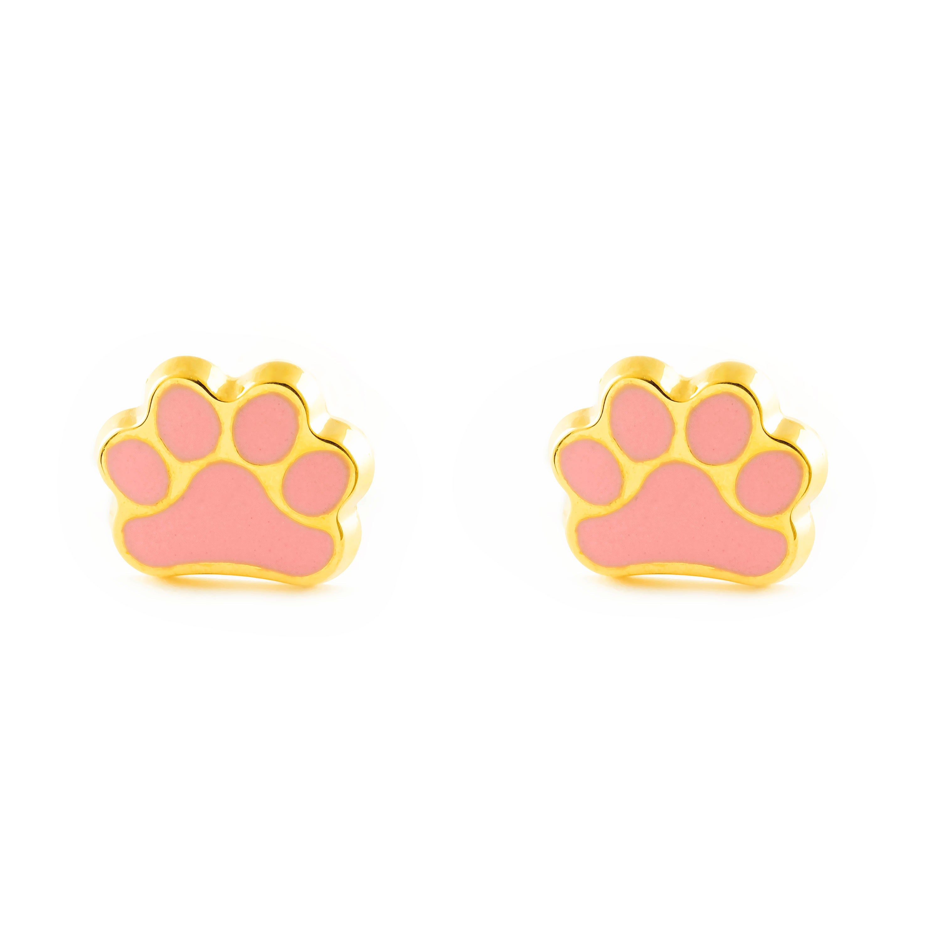 18K Yellow Gold Girl's Earrings Shiny Enamel Paw