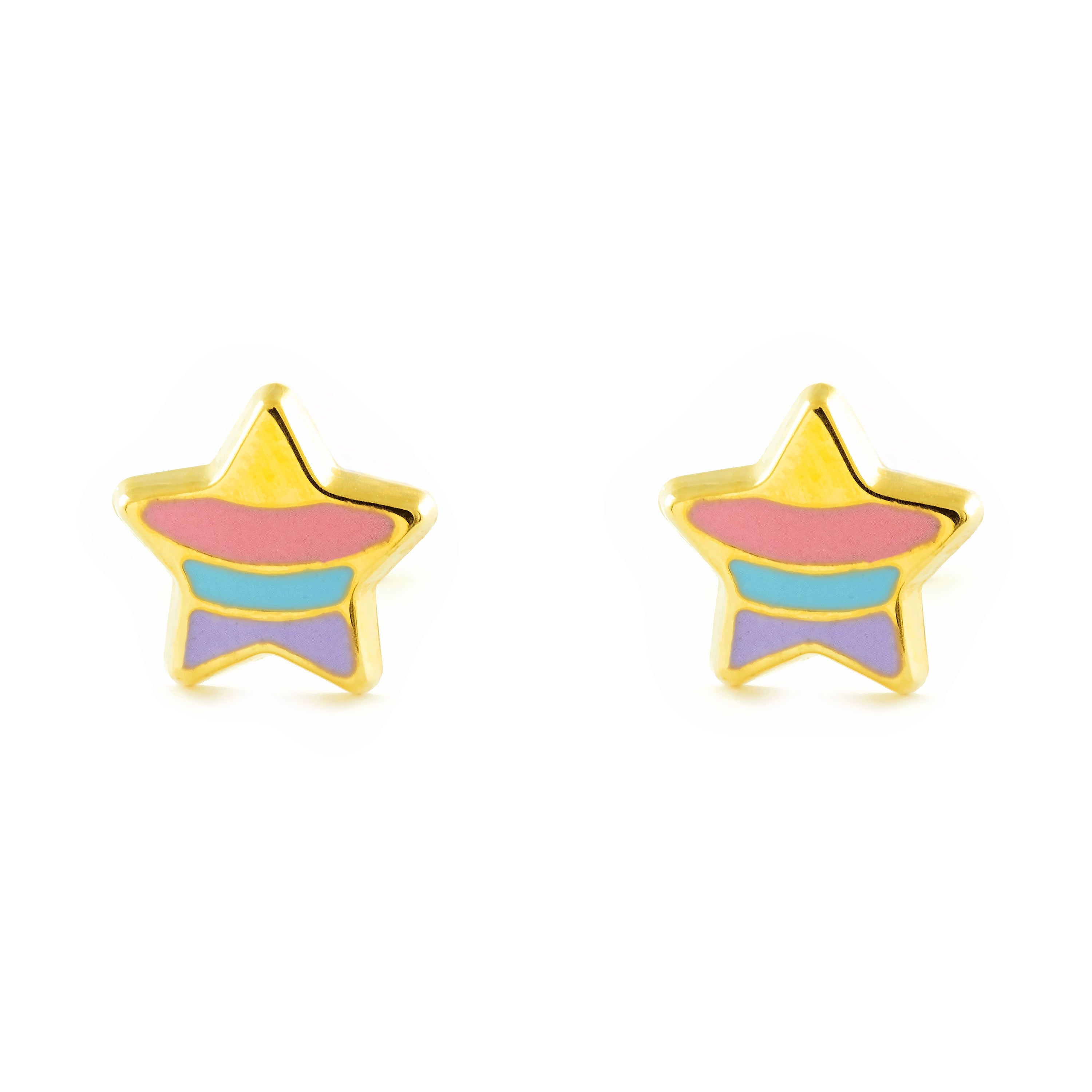 Pendientes Niña Oro Amarillo 18K Estrella Esmalte Multicolor Brillo