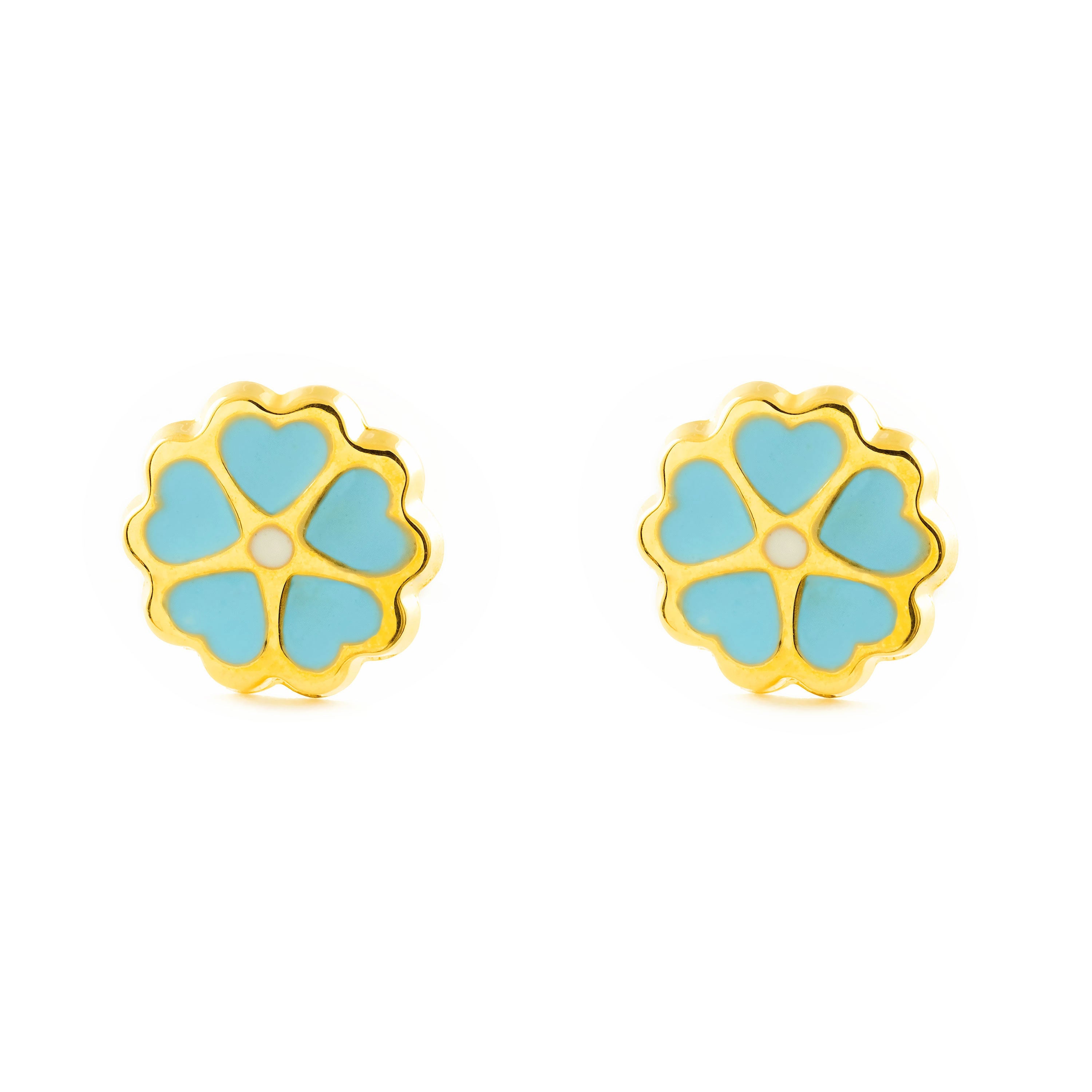 Girl's Earrings 18K Yellow Gold Shiny Enamel Flower