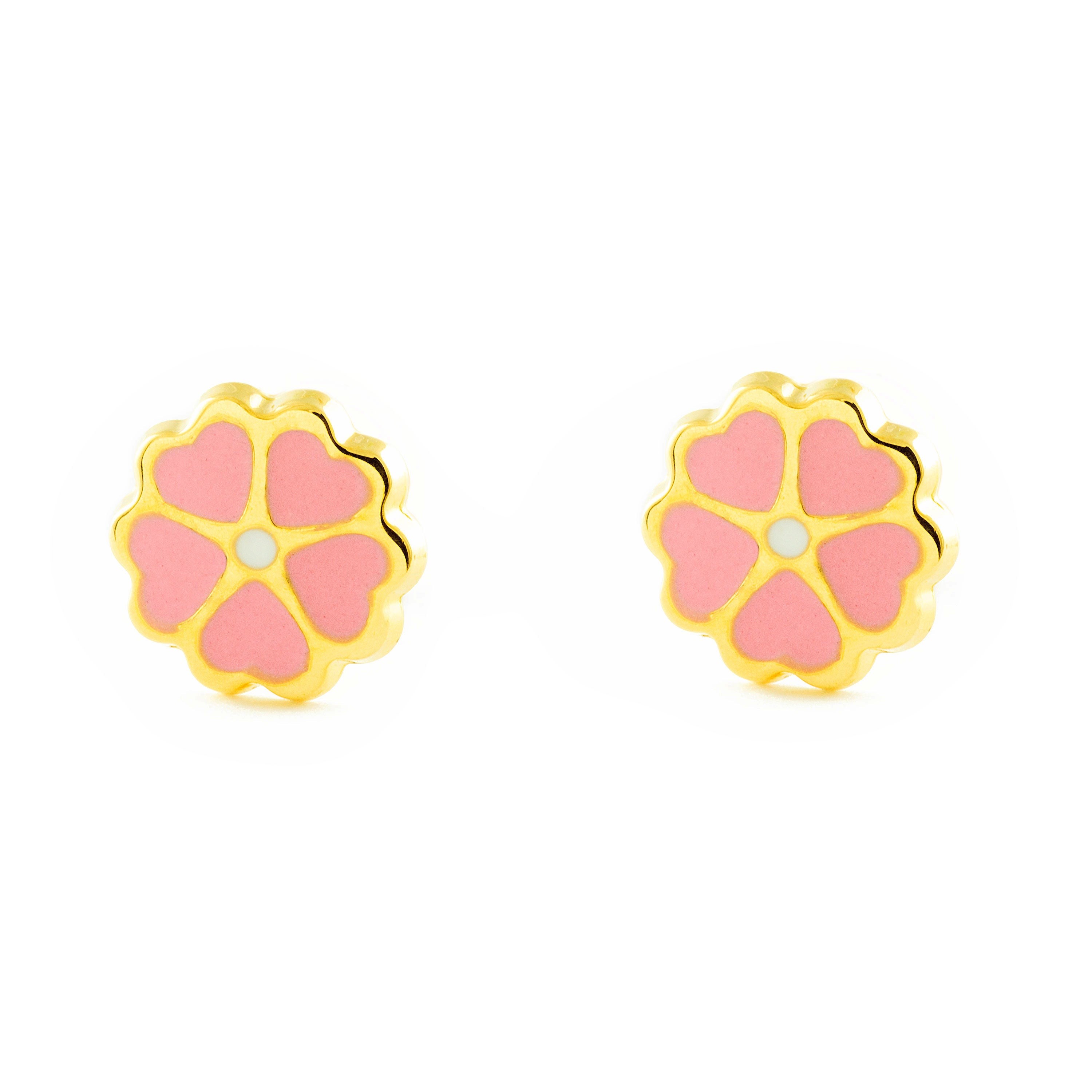 Girl's Earrings 18K Yellow Gold Shiny Enamel Flower
