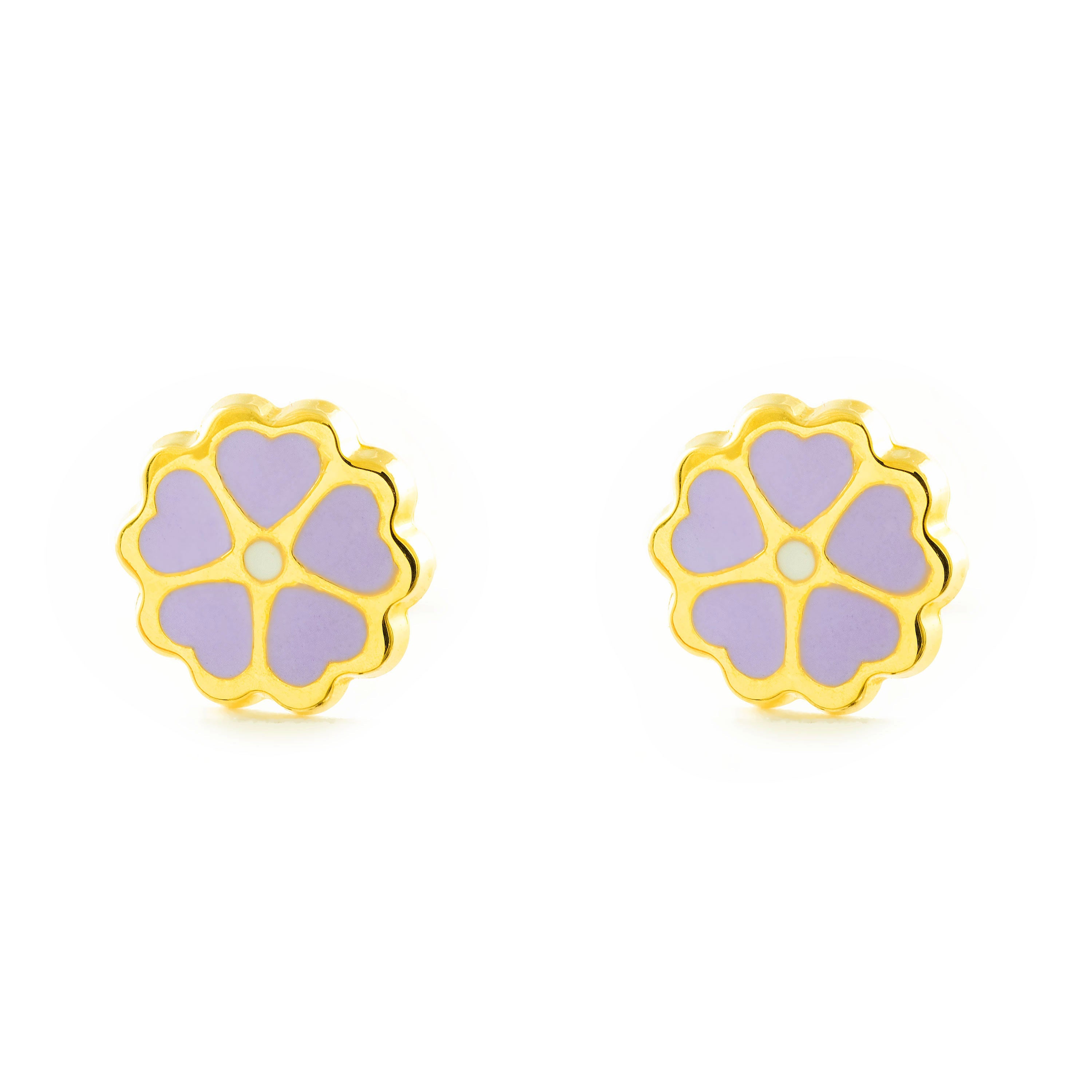 Girl's Earrings 18K Yellow Gold Shiny Enamel Flower