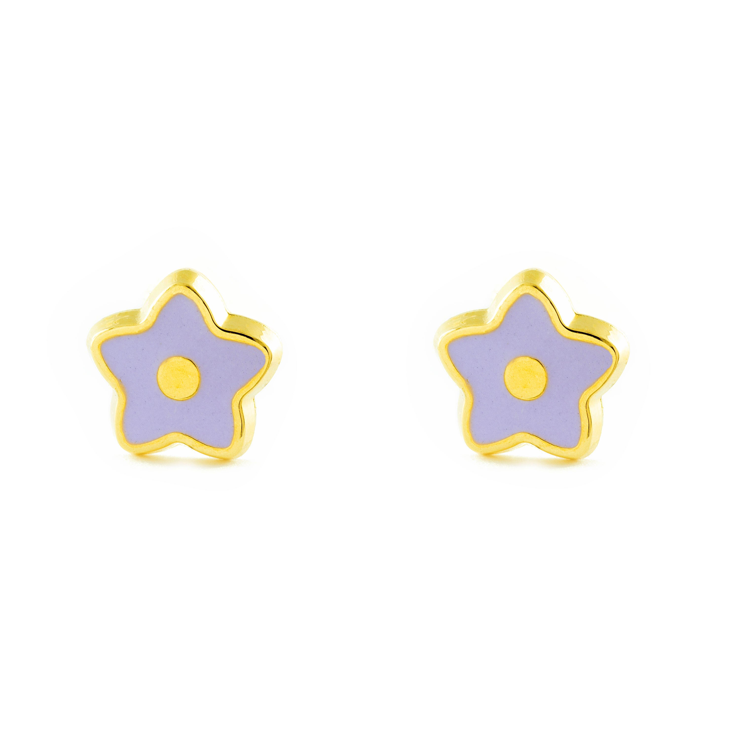 Girl's Earrings 18K Yellow Gold Shiny Enamel Star