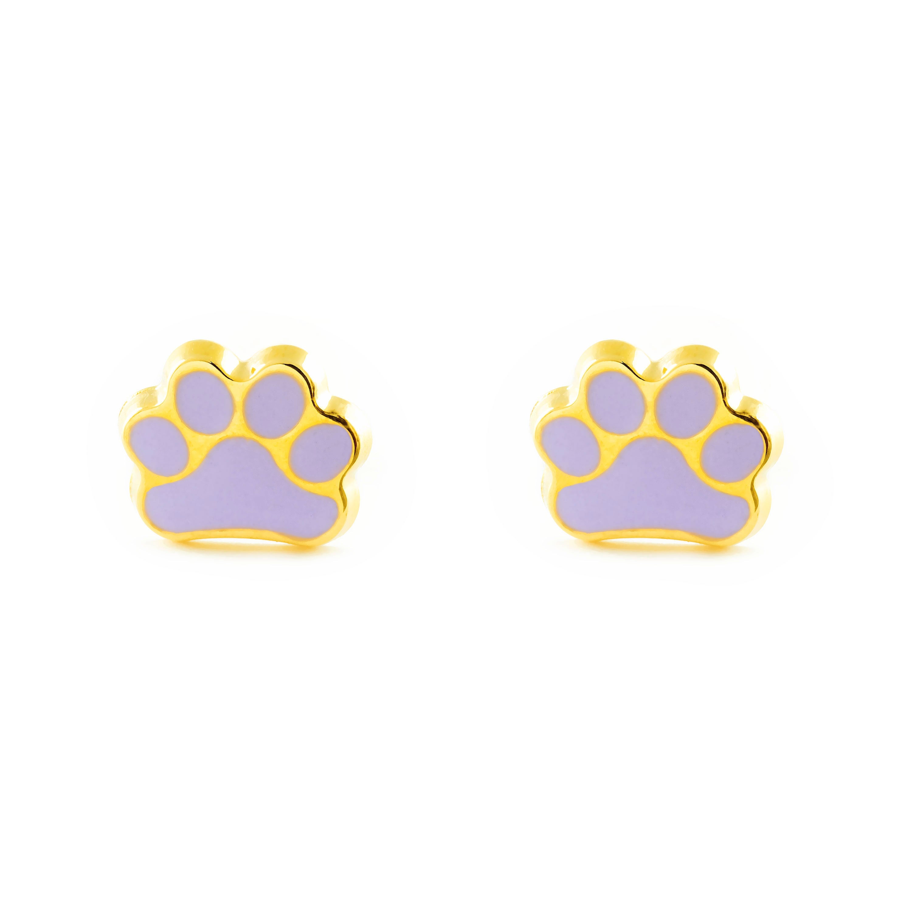 9K Yellow Gold Girl's Earrings Shiny Enamel Paw