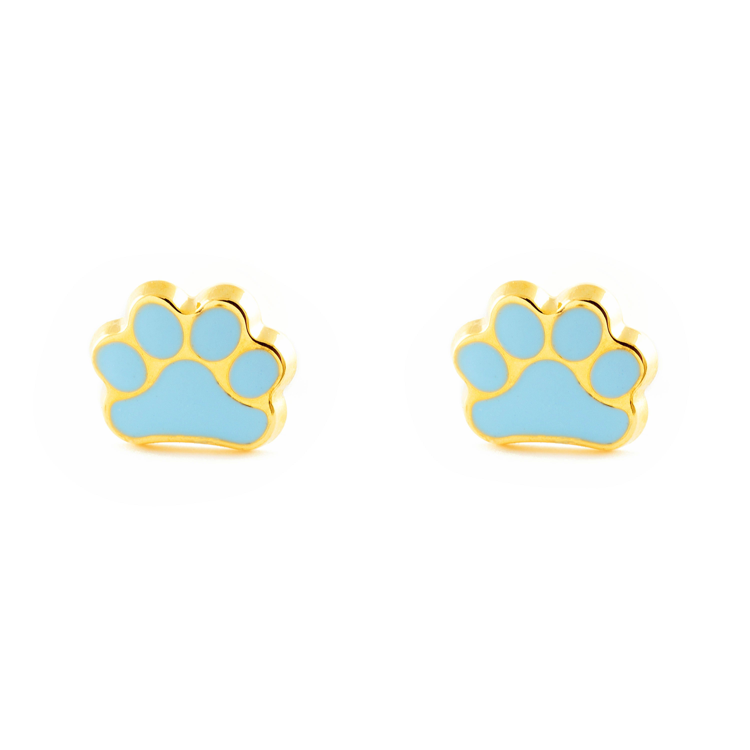 9K Yellow Gold Girl's Earrings Shiny Enamel Paw