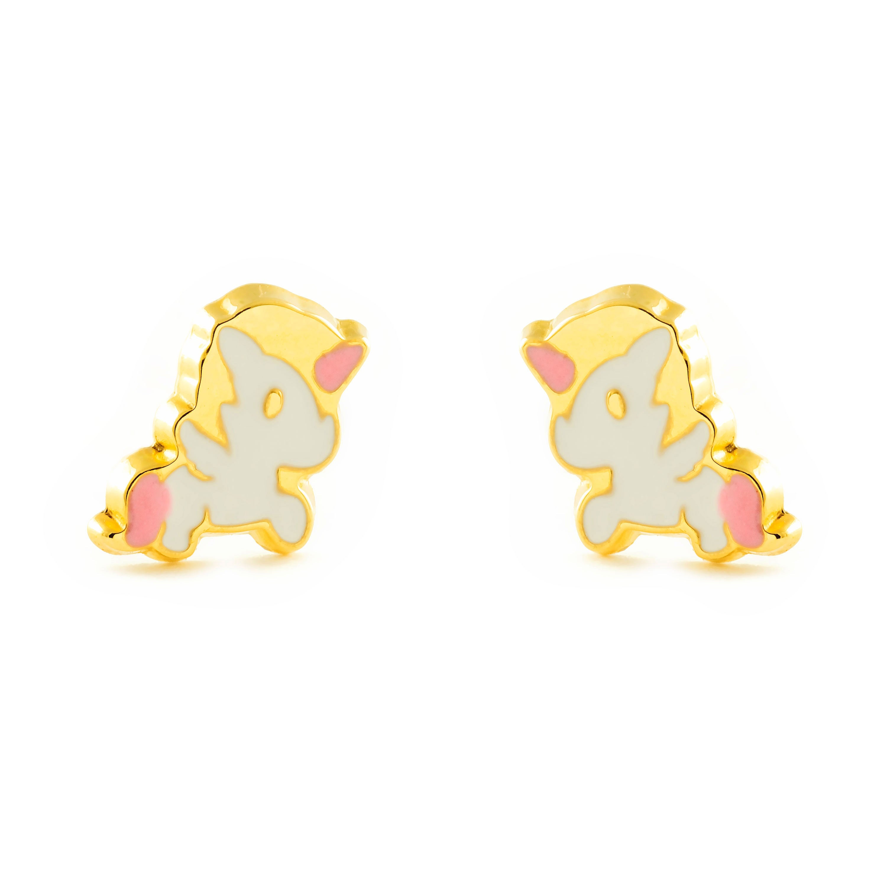 Pendientes Niña Oro Amarillo 9K Unicornio Esmalte Multicolor Brillo