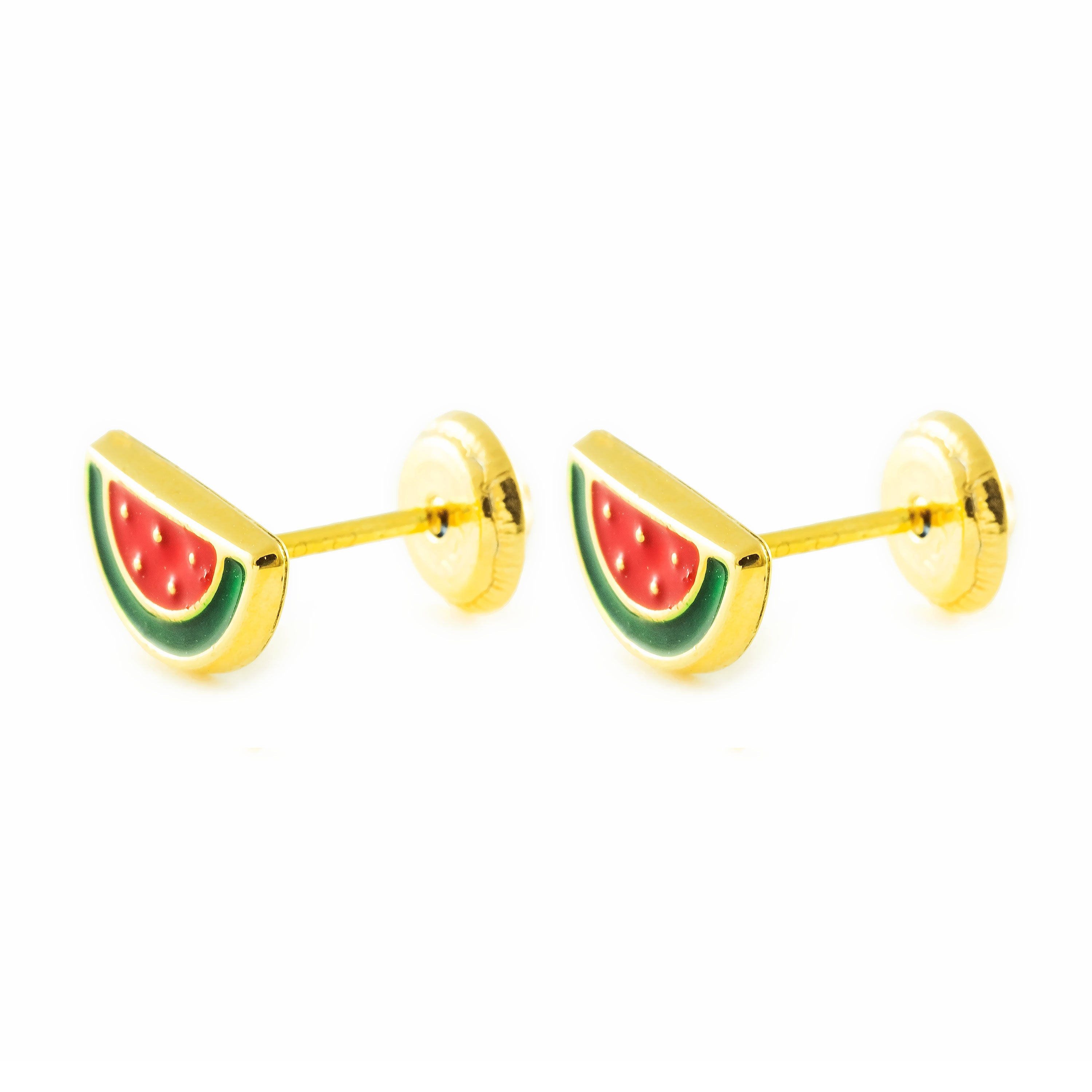 Pendientes Niña Oro Amarillo 9K Sandía Esmalte Rojo-Verde Brillo