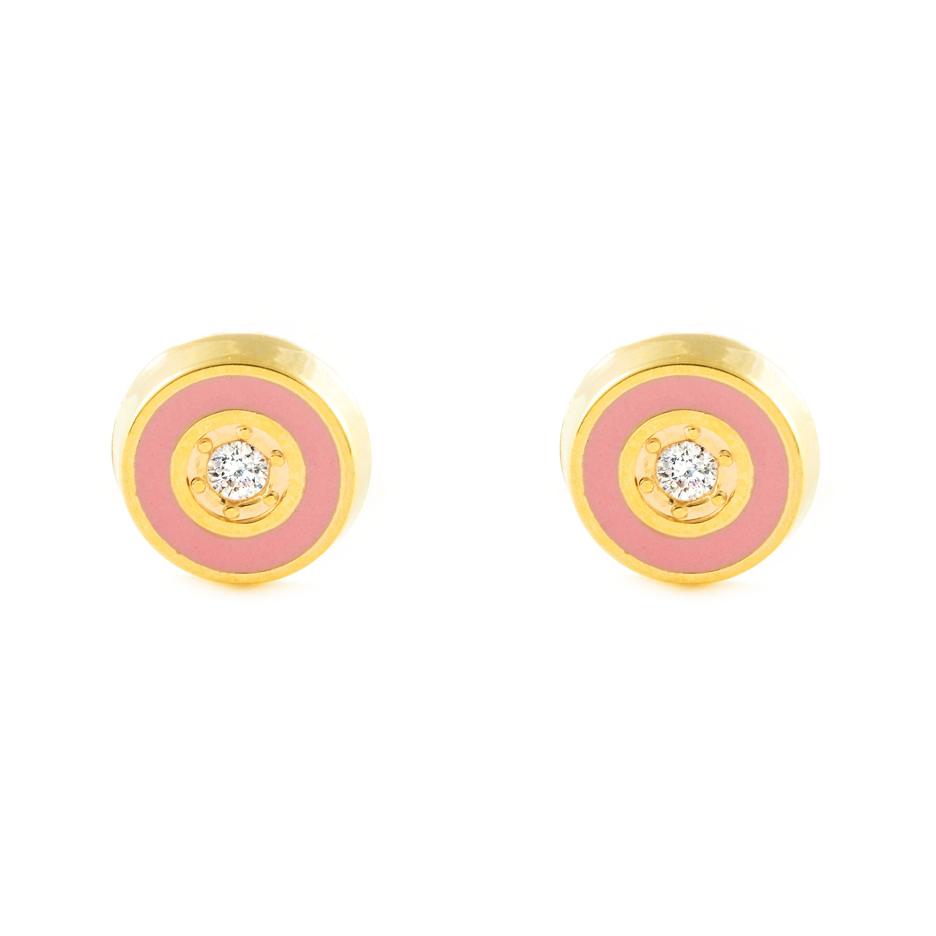 Pendientes Niña Oro Amarillo 9K Redondo Esmalte Rosa Circonita Brillo