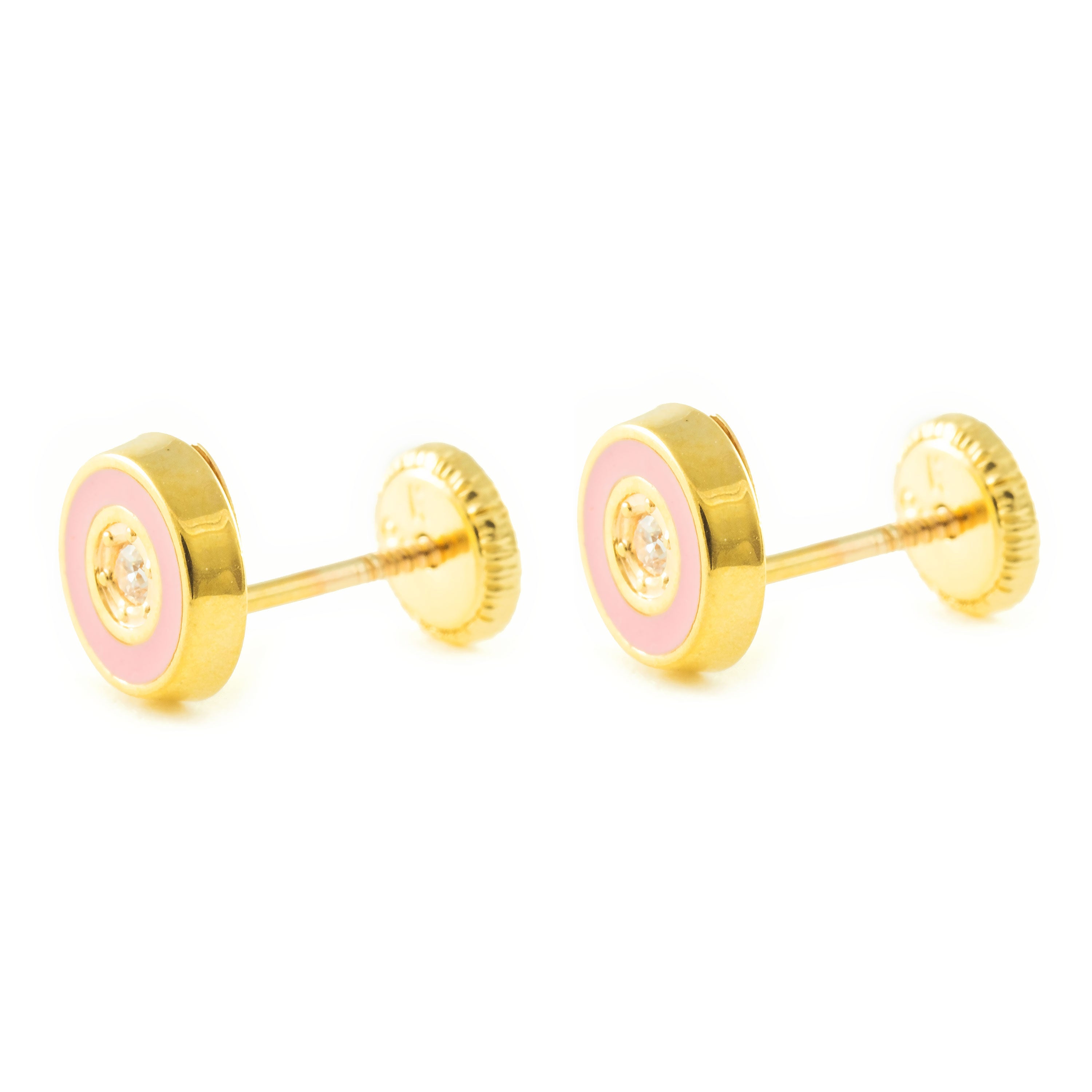 Pendientes Niña Oro Amarillo 9K Redondo Esmalte Rosa Circonita Brillo