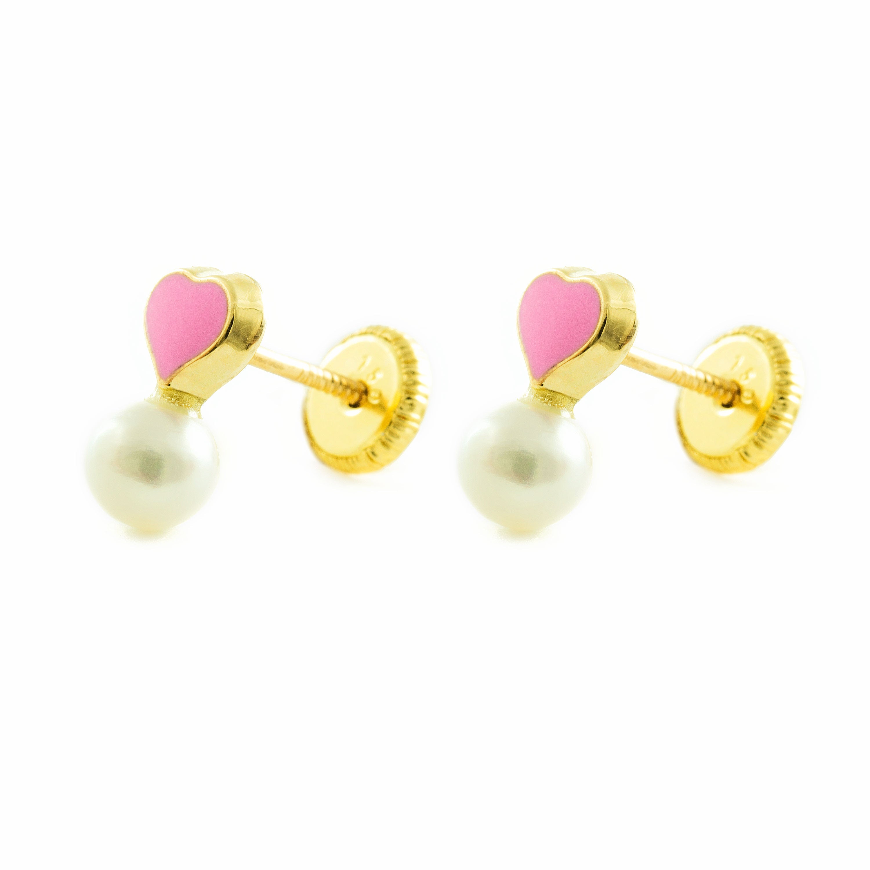 Pendientes Niña Oro Amarillo 9K Tu y Yo Perla Redonda 4 mm Corazón Rosa Brillo