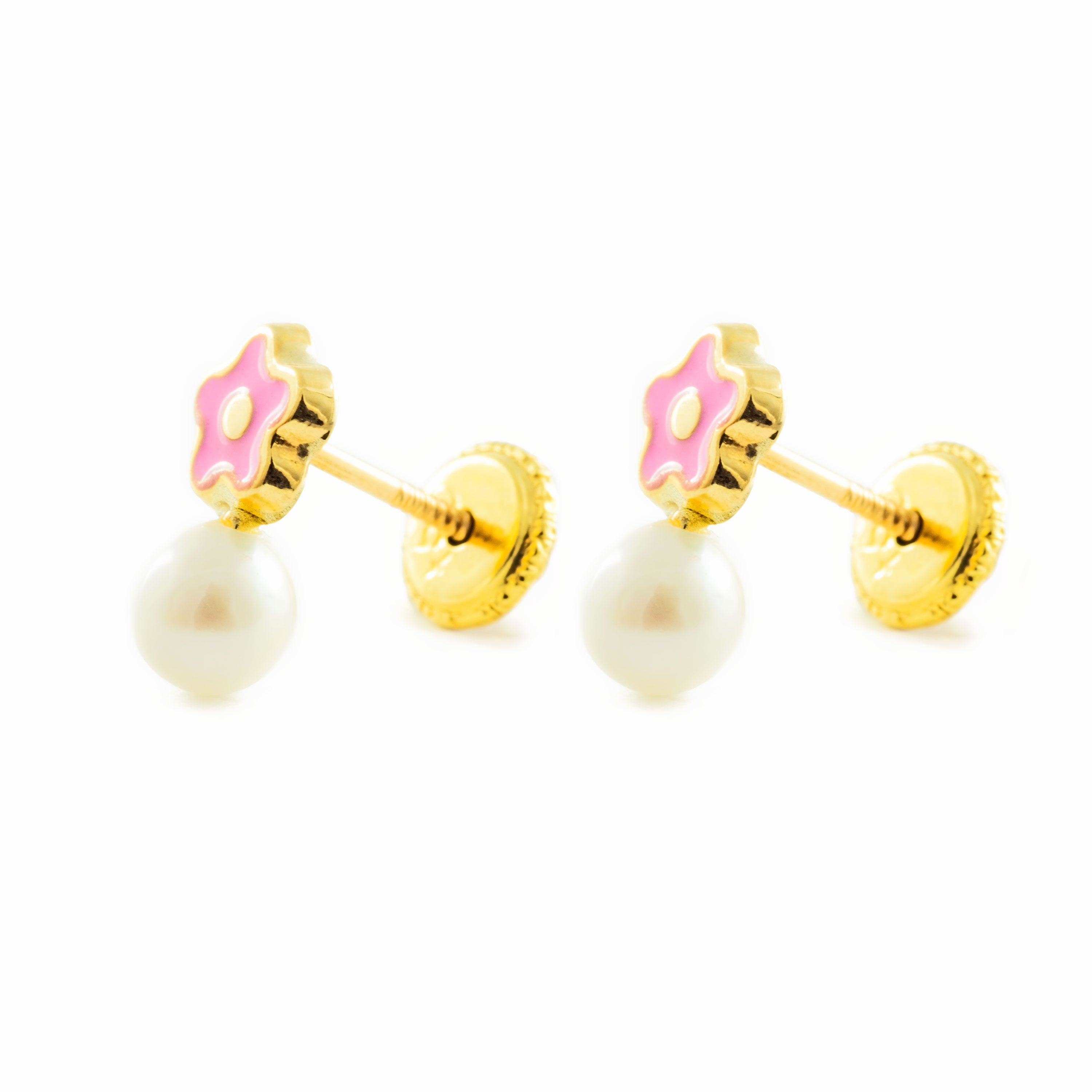 Pendientes Niña Oro Amarillo 9K Tu y Yo Perla Redonda 4 mm Flor Rosa Brillo