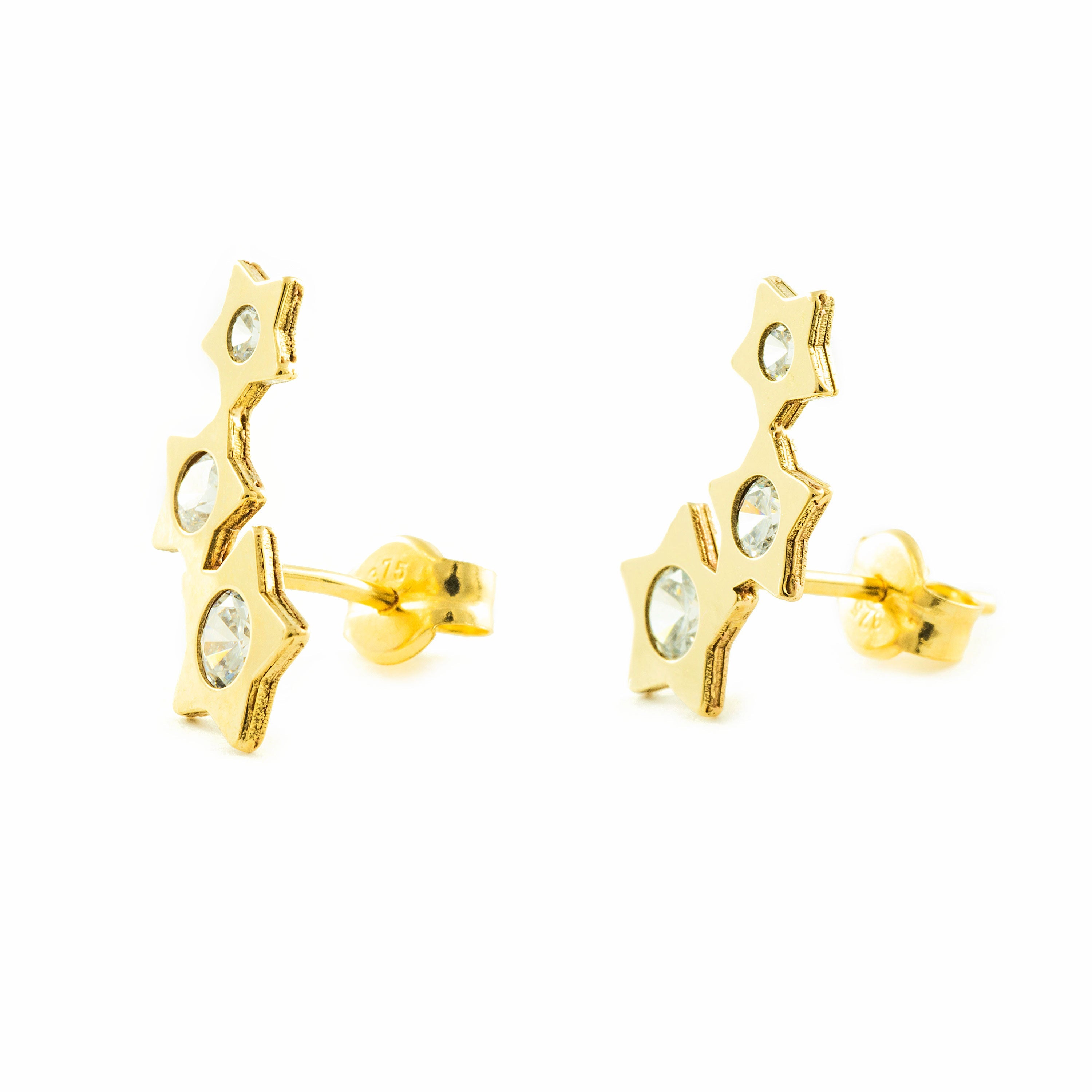 Pendientes Mujer-Niña Oro Amarillo 9K Trepador Estrellas Circonitas Brillo