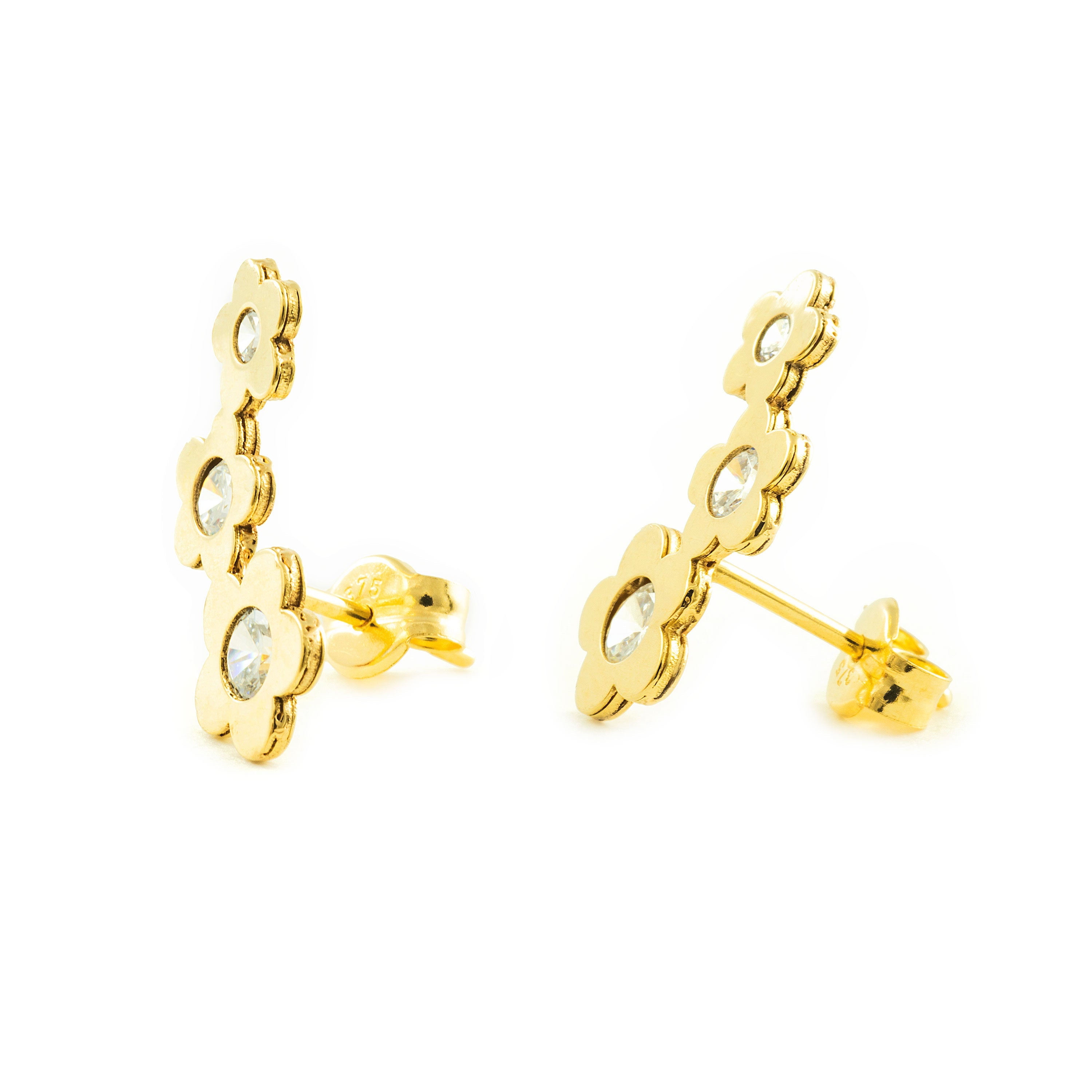 Pendientes Mujer-Niña Oro Amarillo 9K Trepador Flores Circonitas Brillo