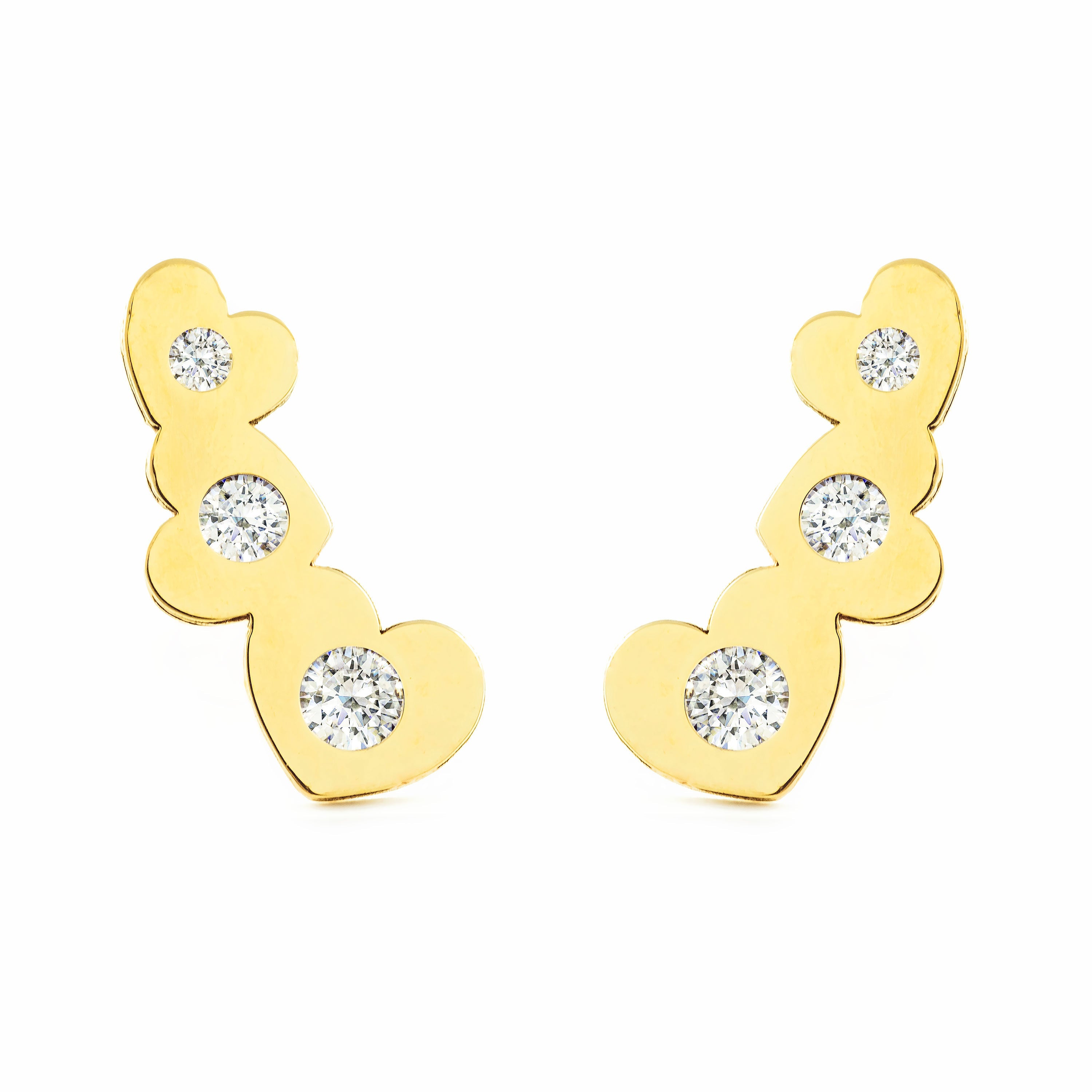Pendientes Mujer-Niña Oro Amarillo 9K Trepador Corazones Circonitas Brillo