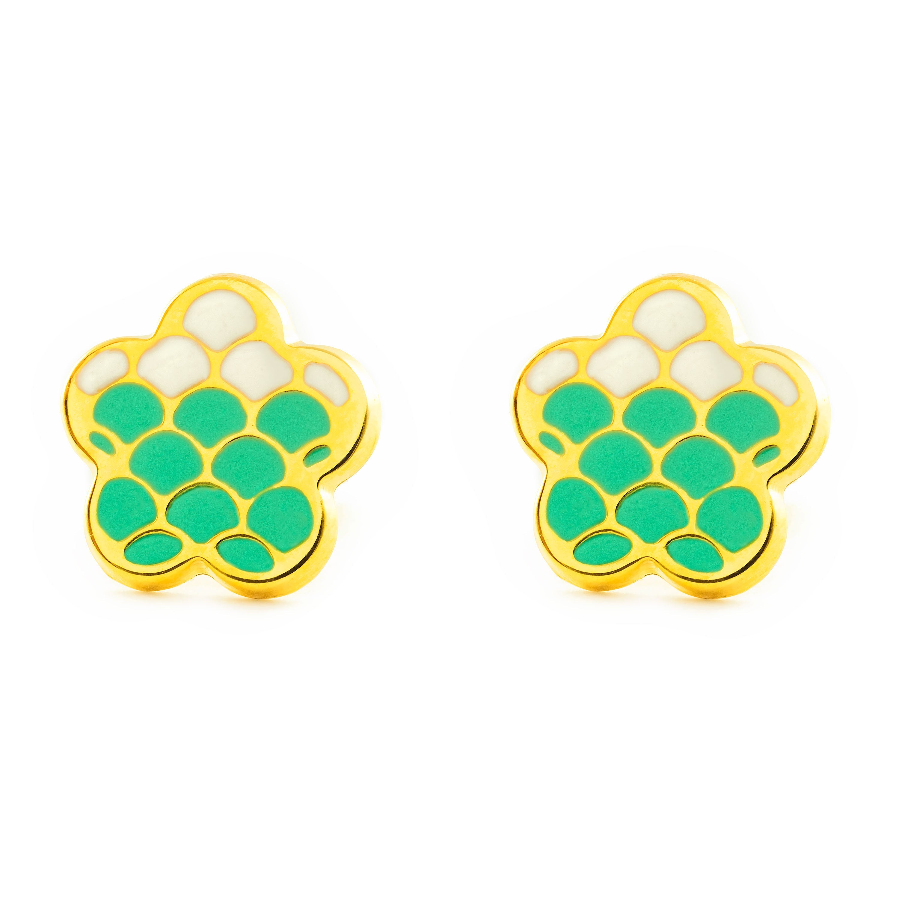 Pendientes Mujer-Niña Oro Amarillo 9K Flor Esmalte Verde Brillo