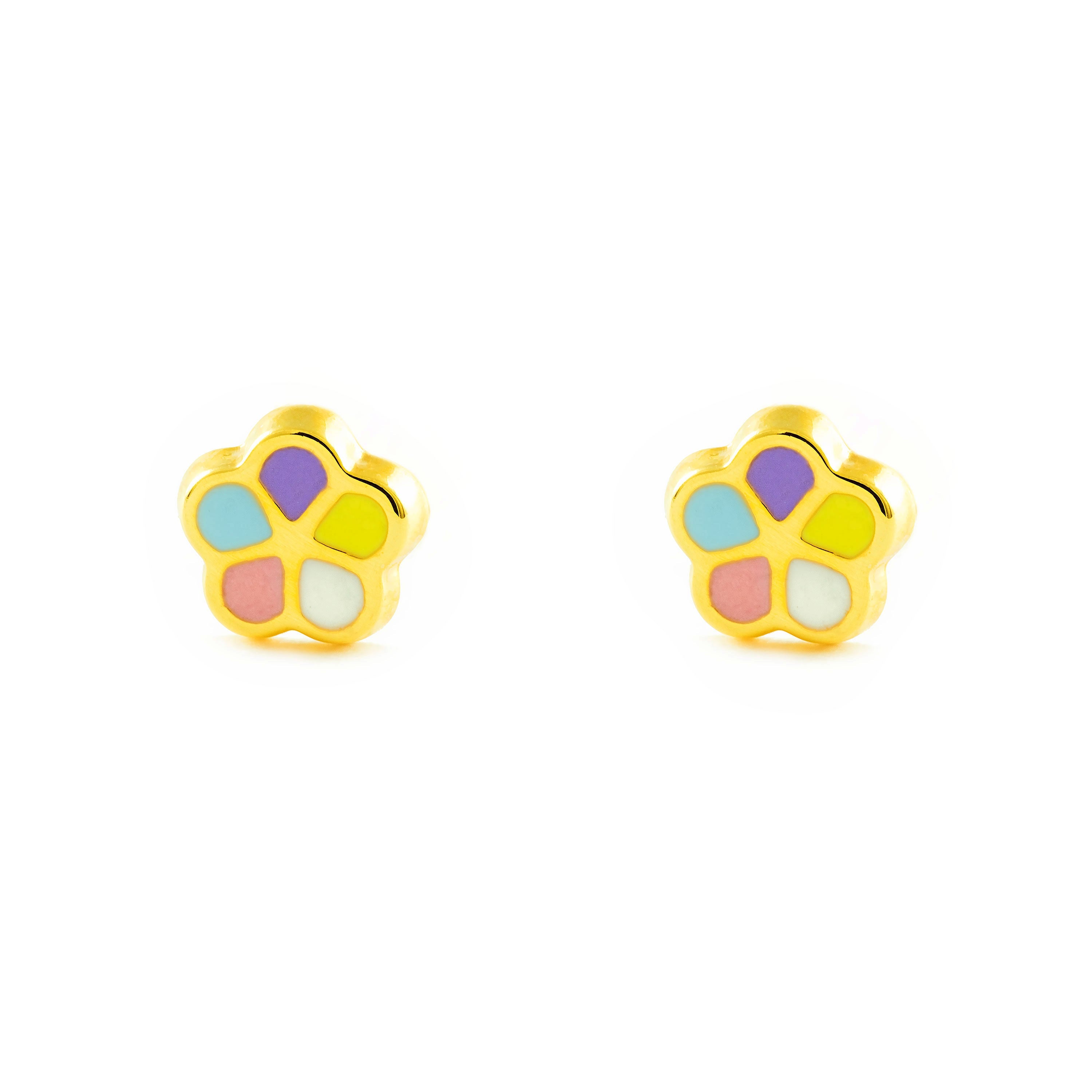 Pendientes Bebe-Niña Oro Amarillo 9K Flor Margarita Esmalte Multicolor Brillo