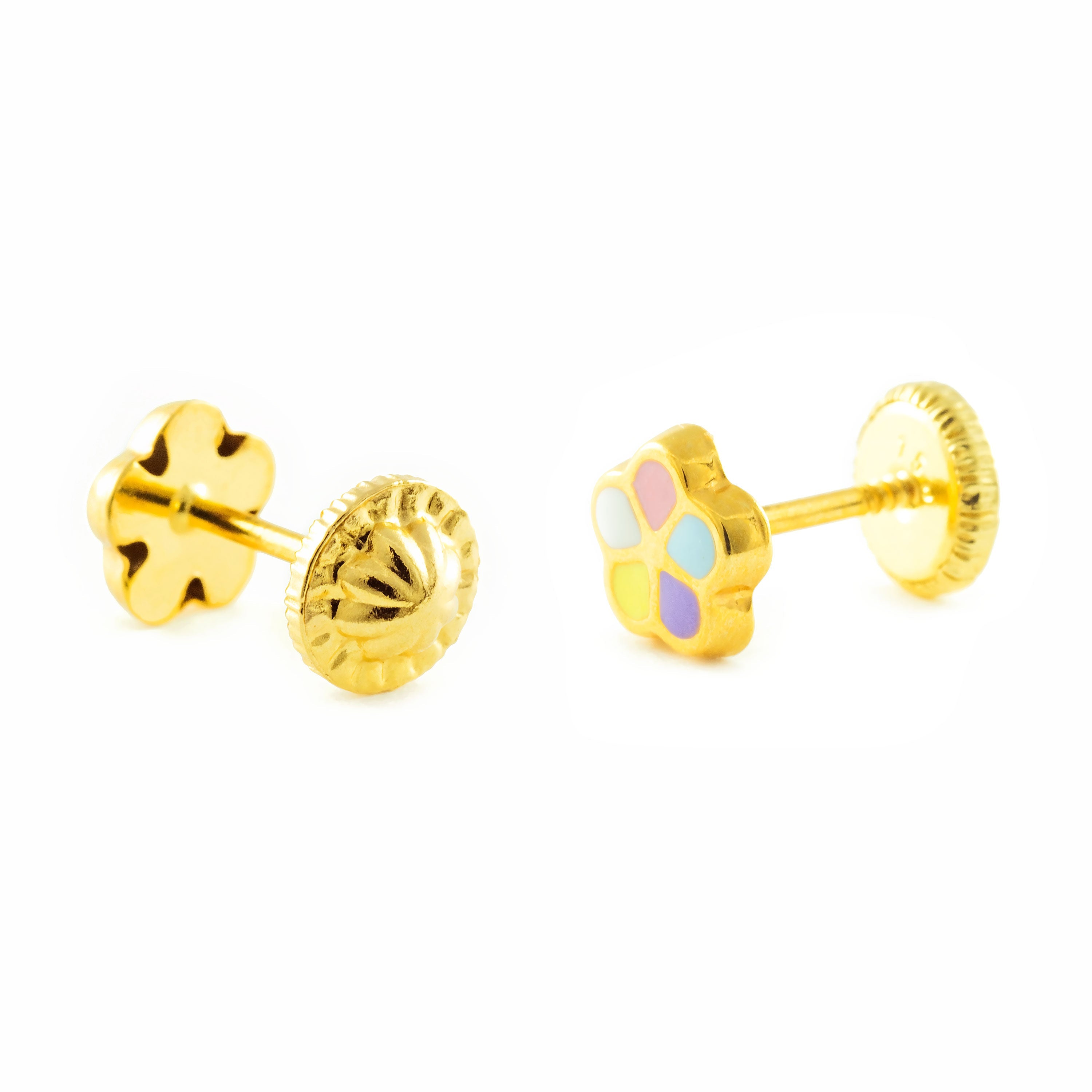 Pendientes Bebe-Niña Oro Amarillo 9K Flor Margarita Esmalte Multicolor Brillo