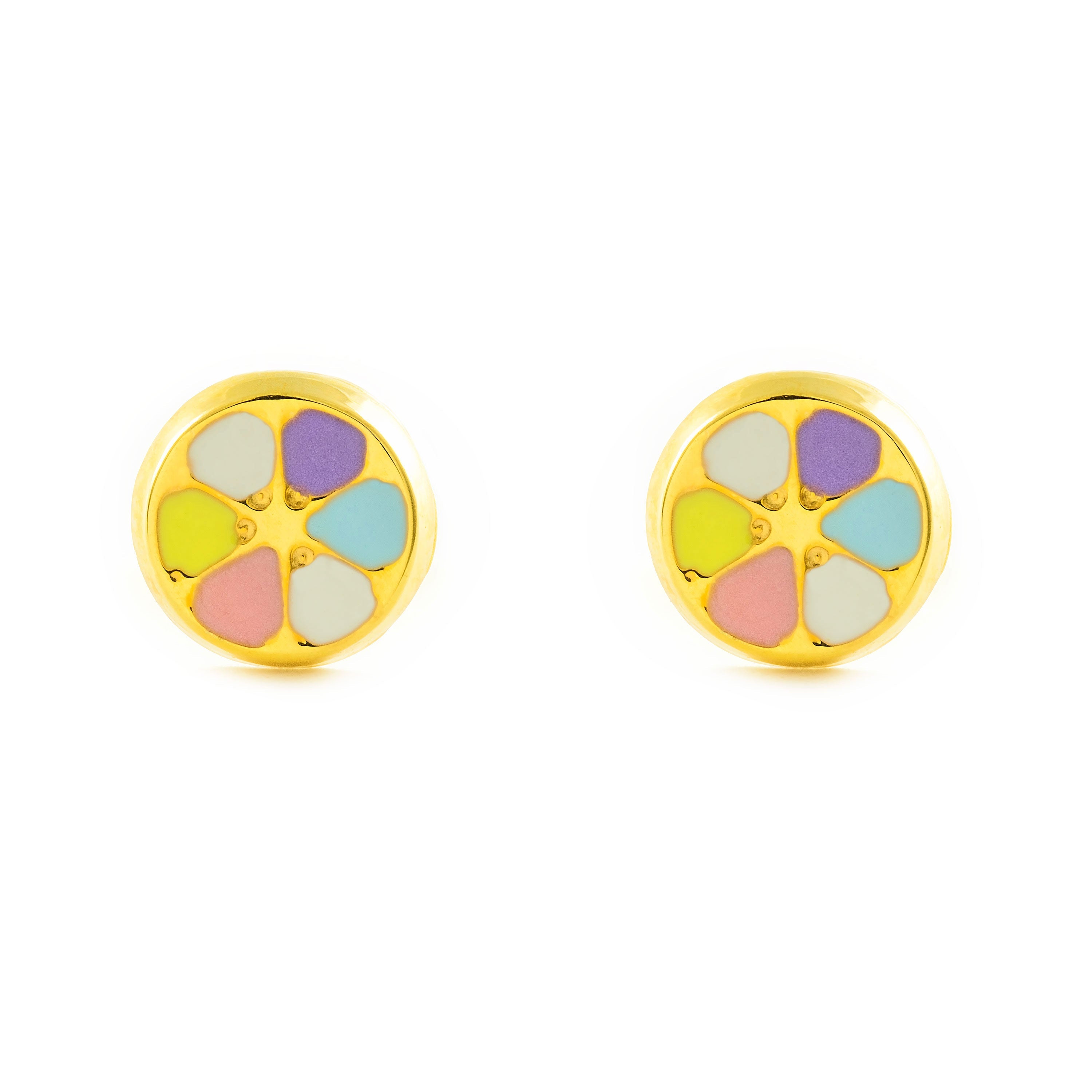 Pendientes Niña Oro Amarillo 9K Redondo Esmalte Multicolor Brillo