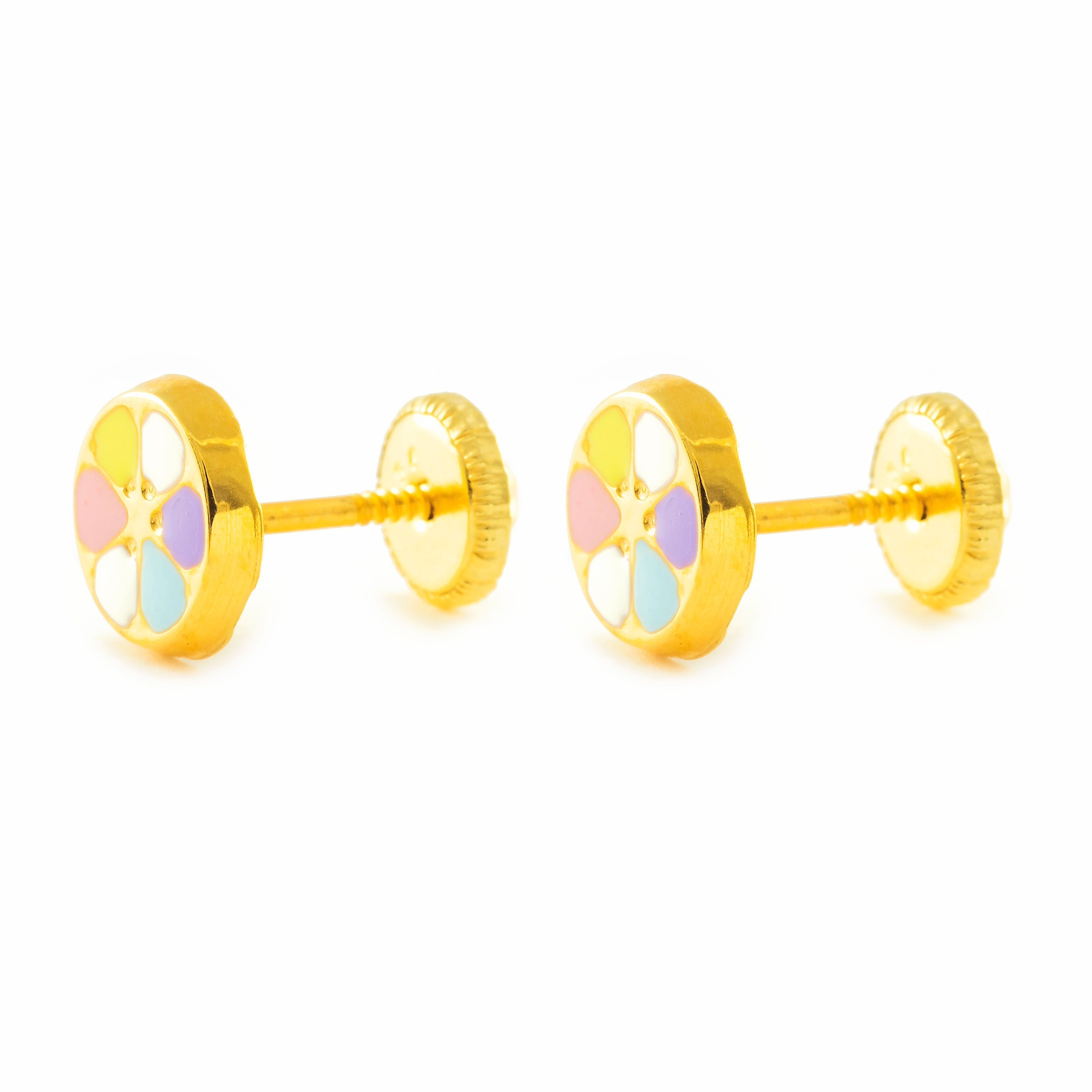 Pendientes Niña Oro Amarillo 9K Redondo Esmalte Multicolor Brillo