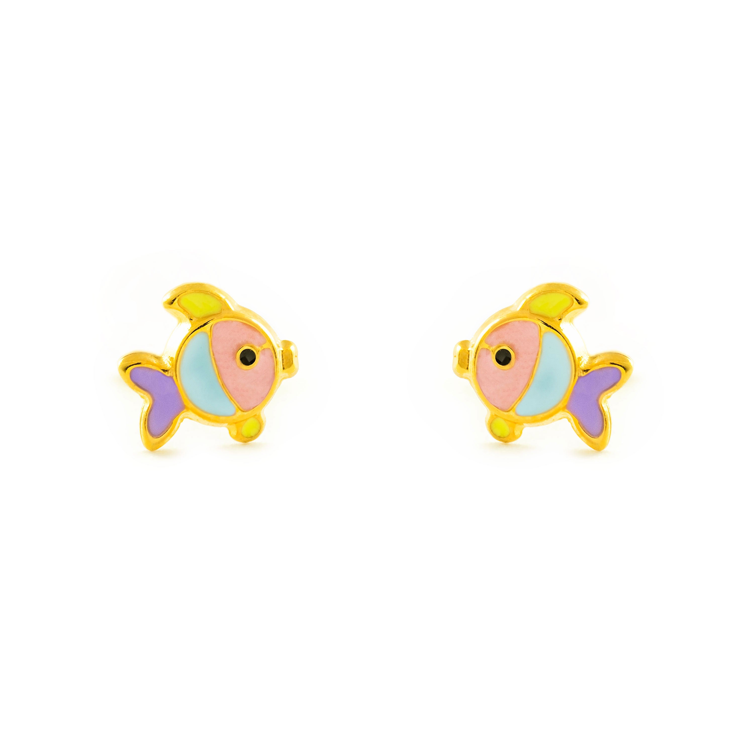 Pendientes Bebe-Niña Oro Amarillo 9K Pez Esmalte Multicolor Brillo