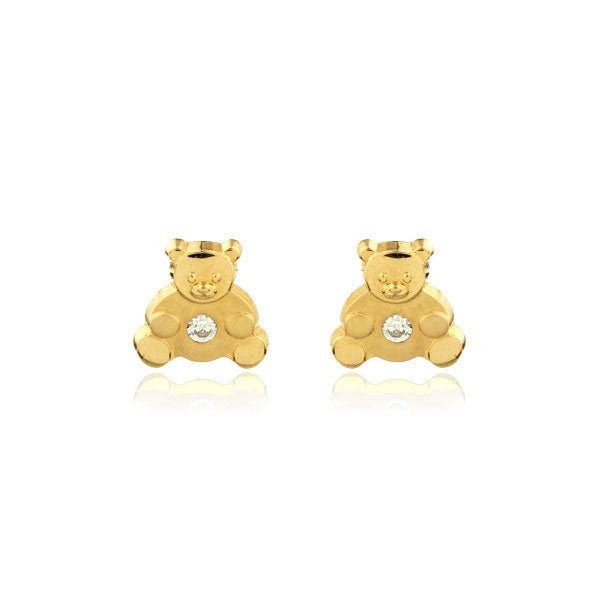 Pendientes Niña Oro Amarillo 18K Oso Circonita Mate y Brillo